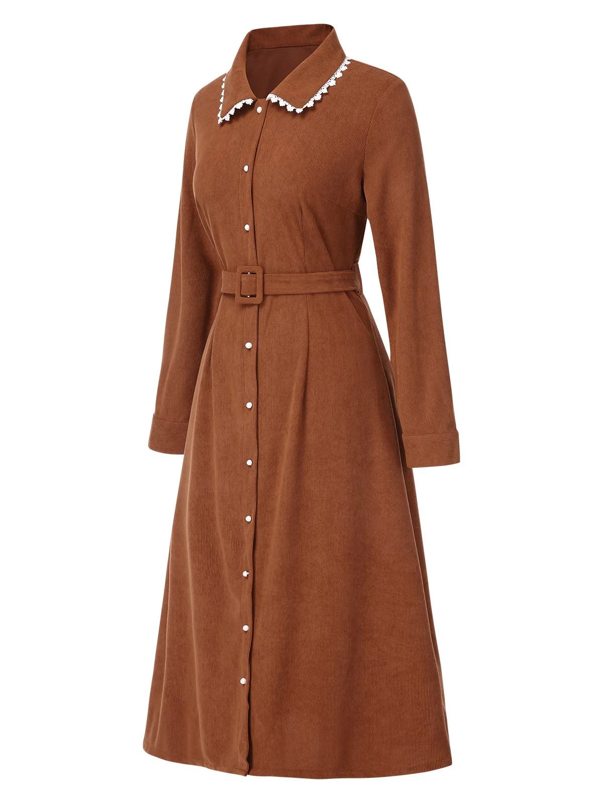 Brown 1940s Solid Lapel Belted Corduroy Dress - Image 2