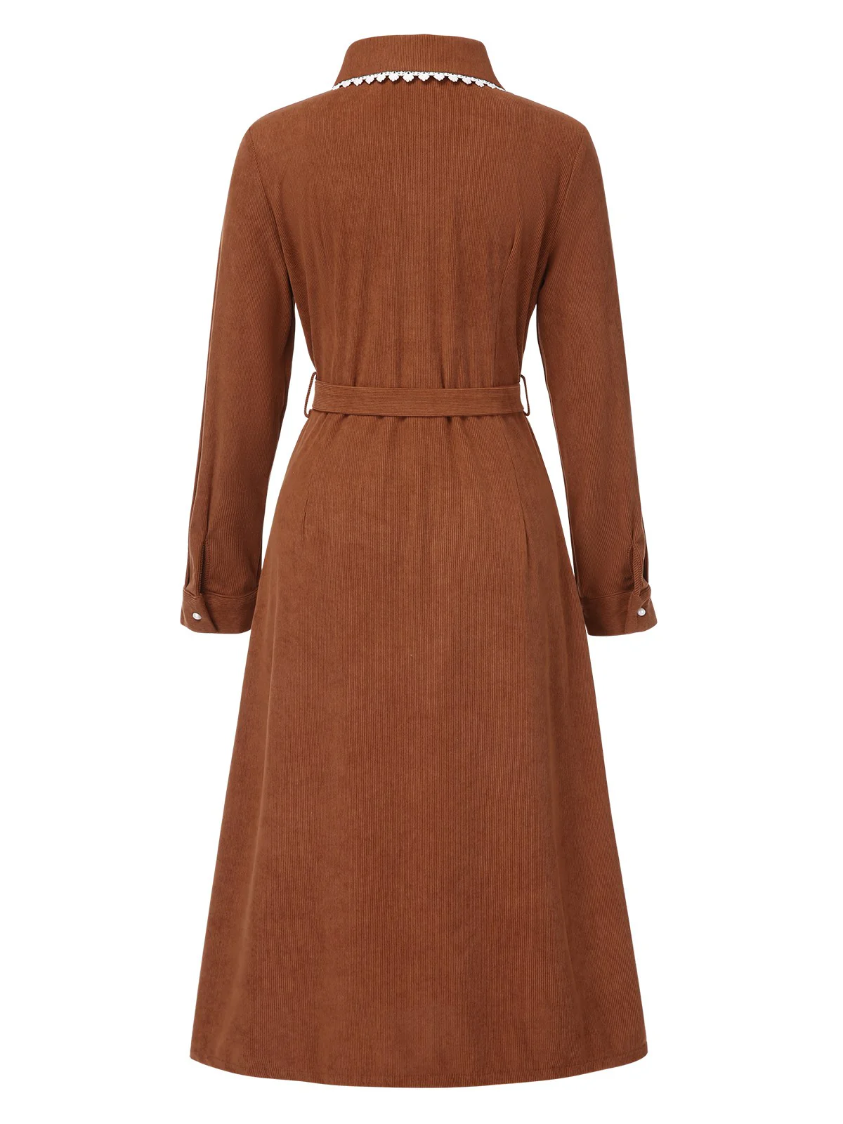 Brown 1940s Solid Lapel Belted Corduroy Dress - Image 3