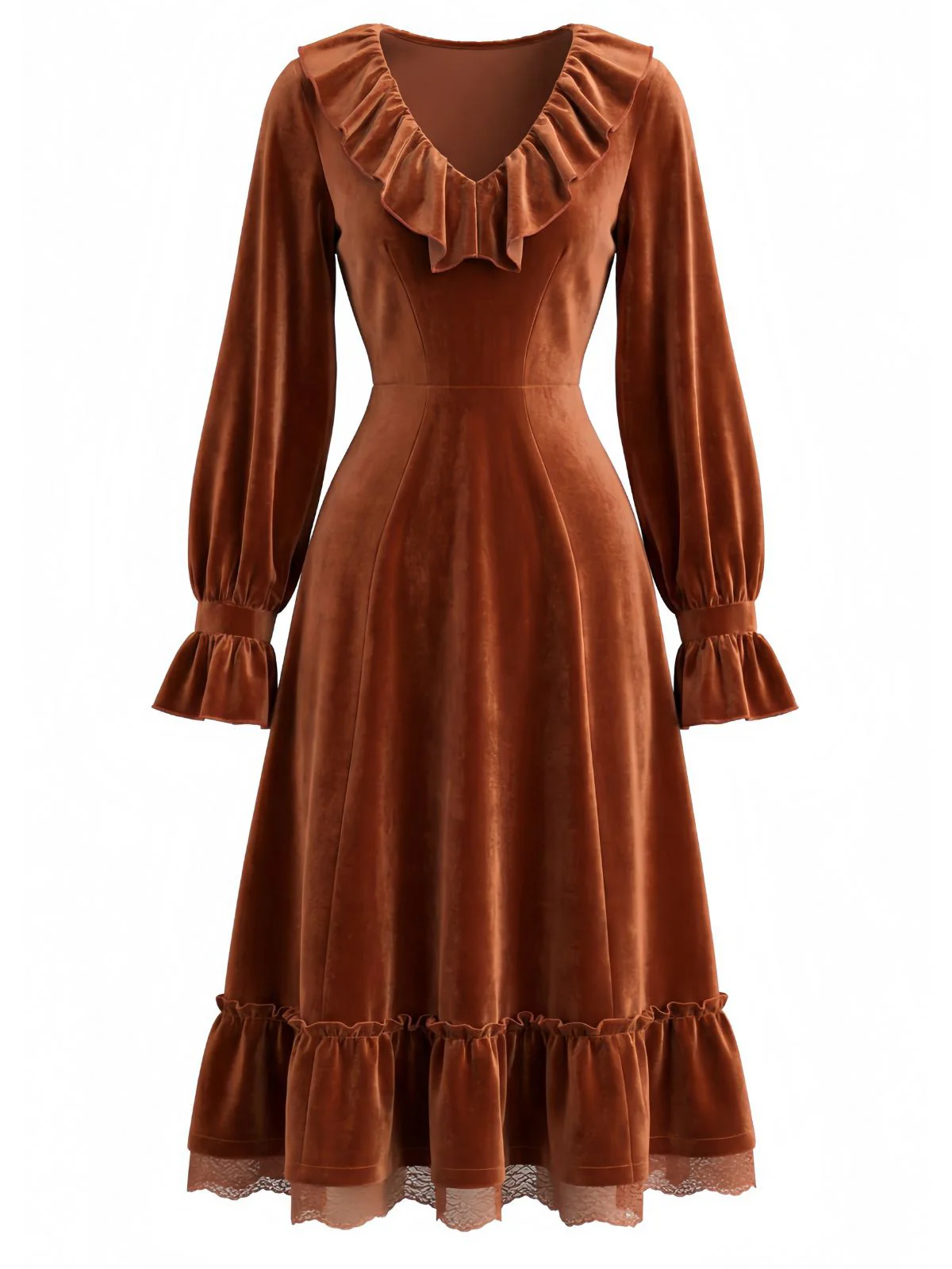 Brown 1940s Solid Corduroy Lace Ruffled Dress - Image 2