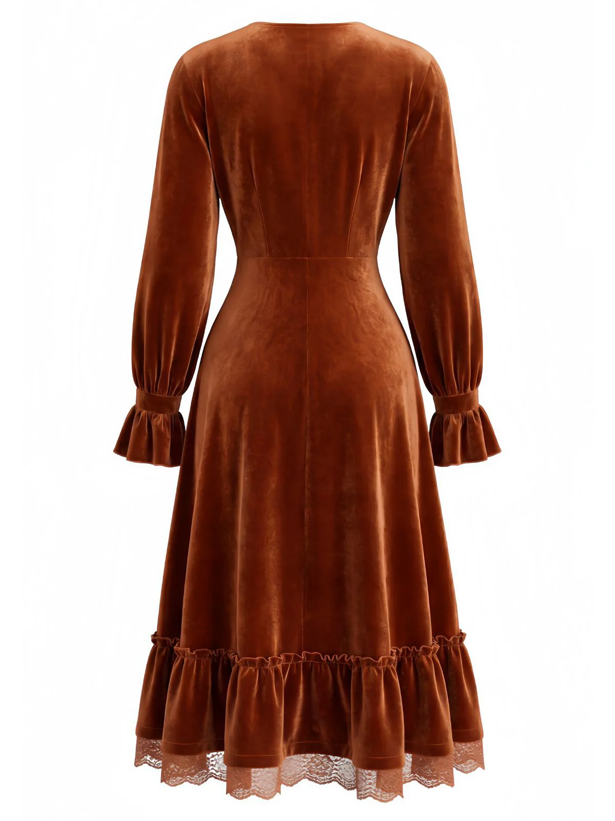 Brown 1940s Solid Corduroy Lace Ruffled Dress - Image 3