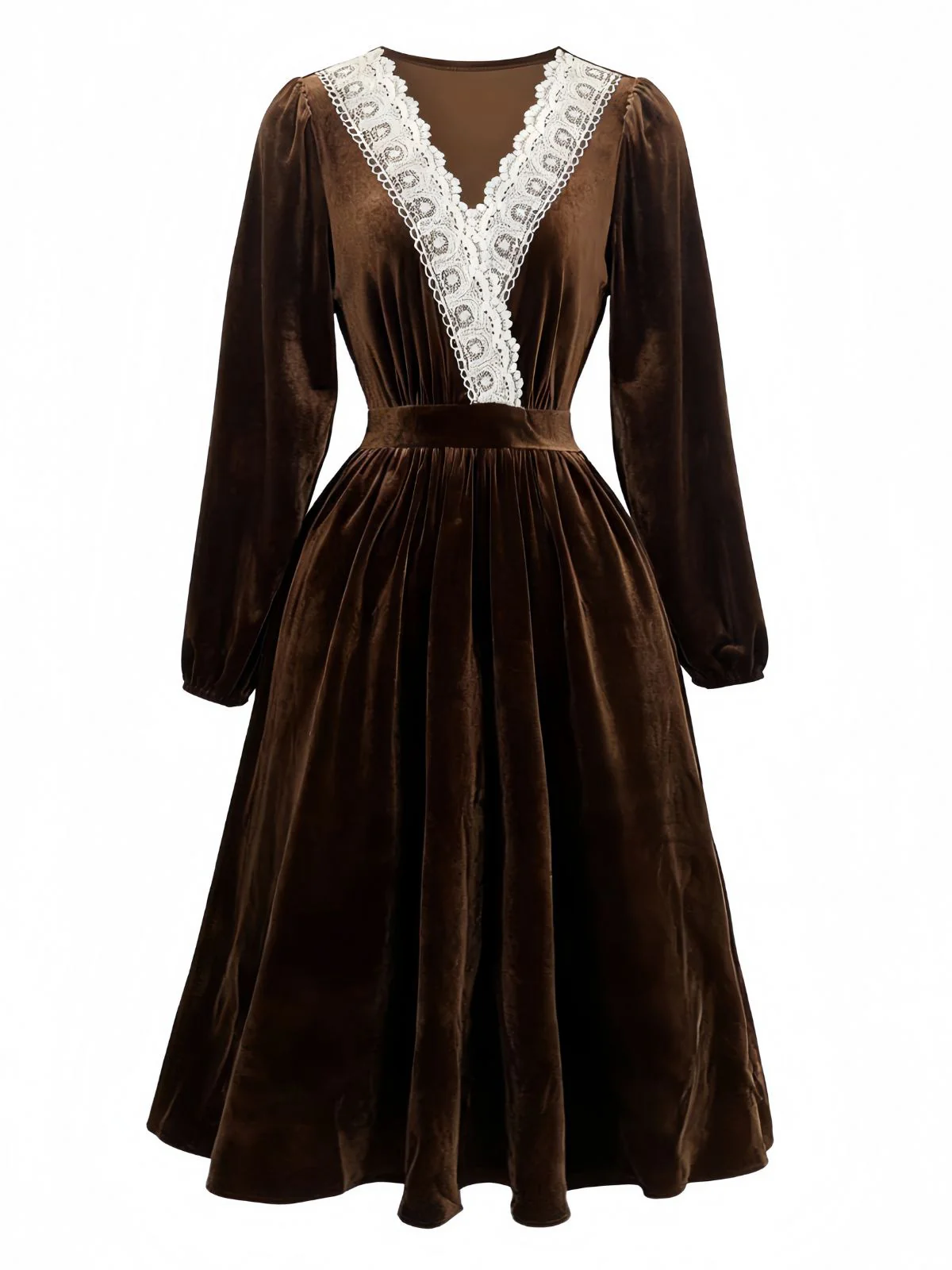 Brown 1940s Solid Lace Patchwork Velvet Dress - Image 2