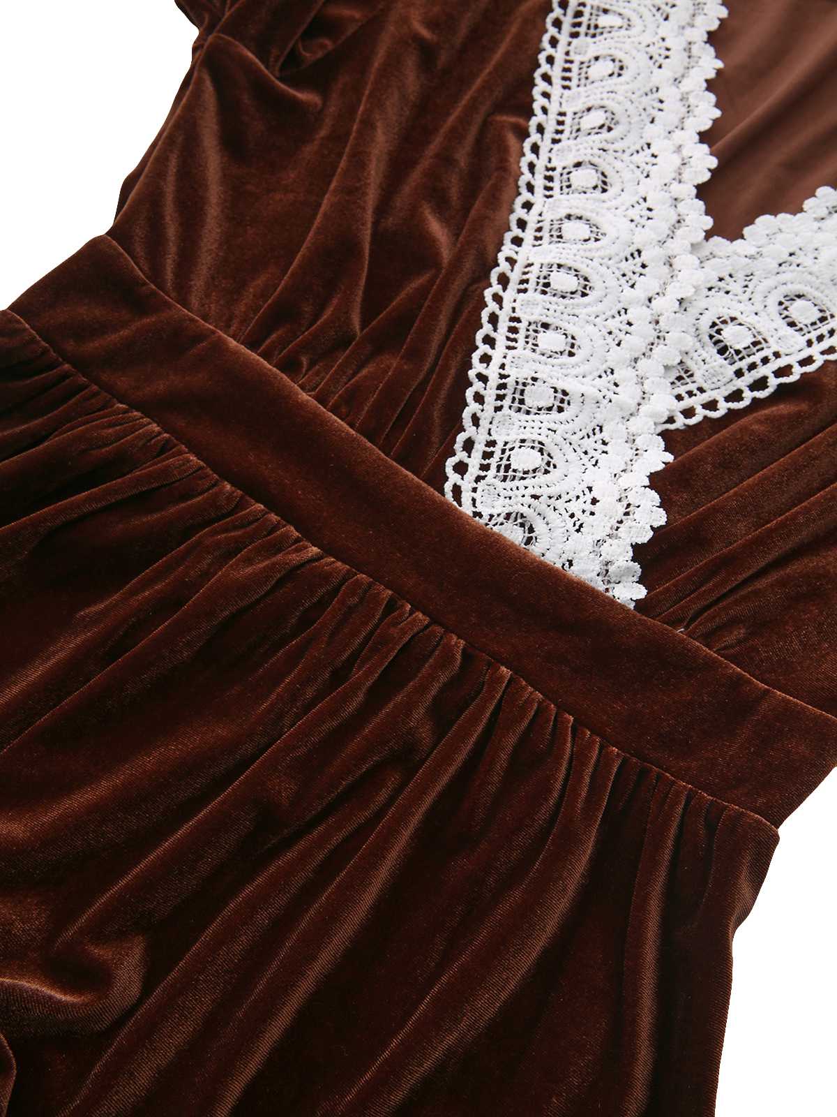 Brown 1940s Solid Lace Patchwork Velvet Dress - Image 5