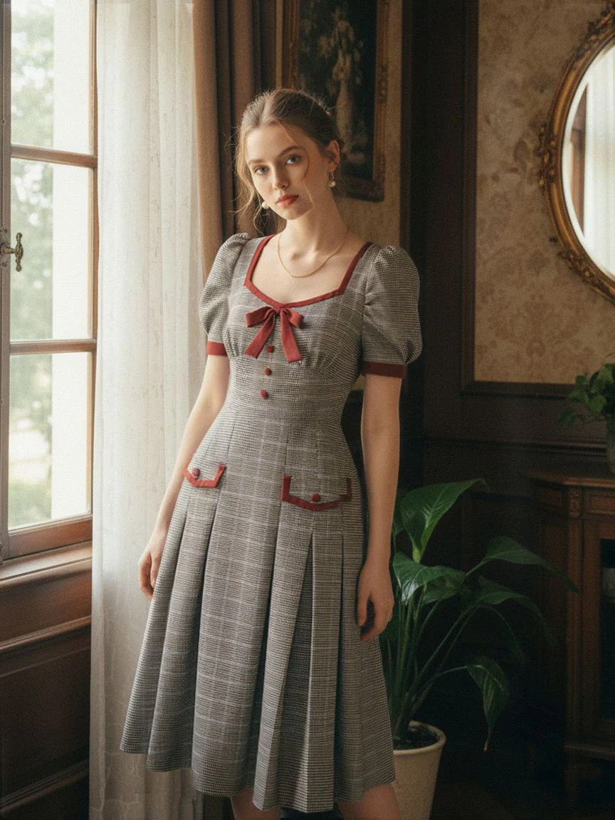 [Pre-Sale] Brown 1950s Bow Houndstooth Pleated Dress - Image 2