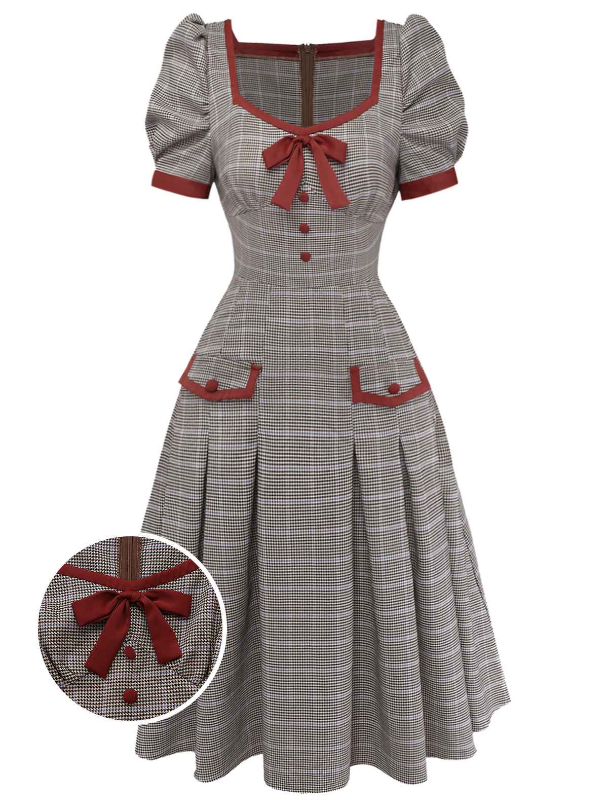 [Pre-Sale] Brown 1950s Bow Houndstooth Pleated Dress - Image 3