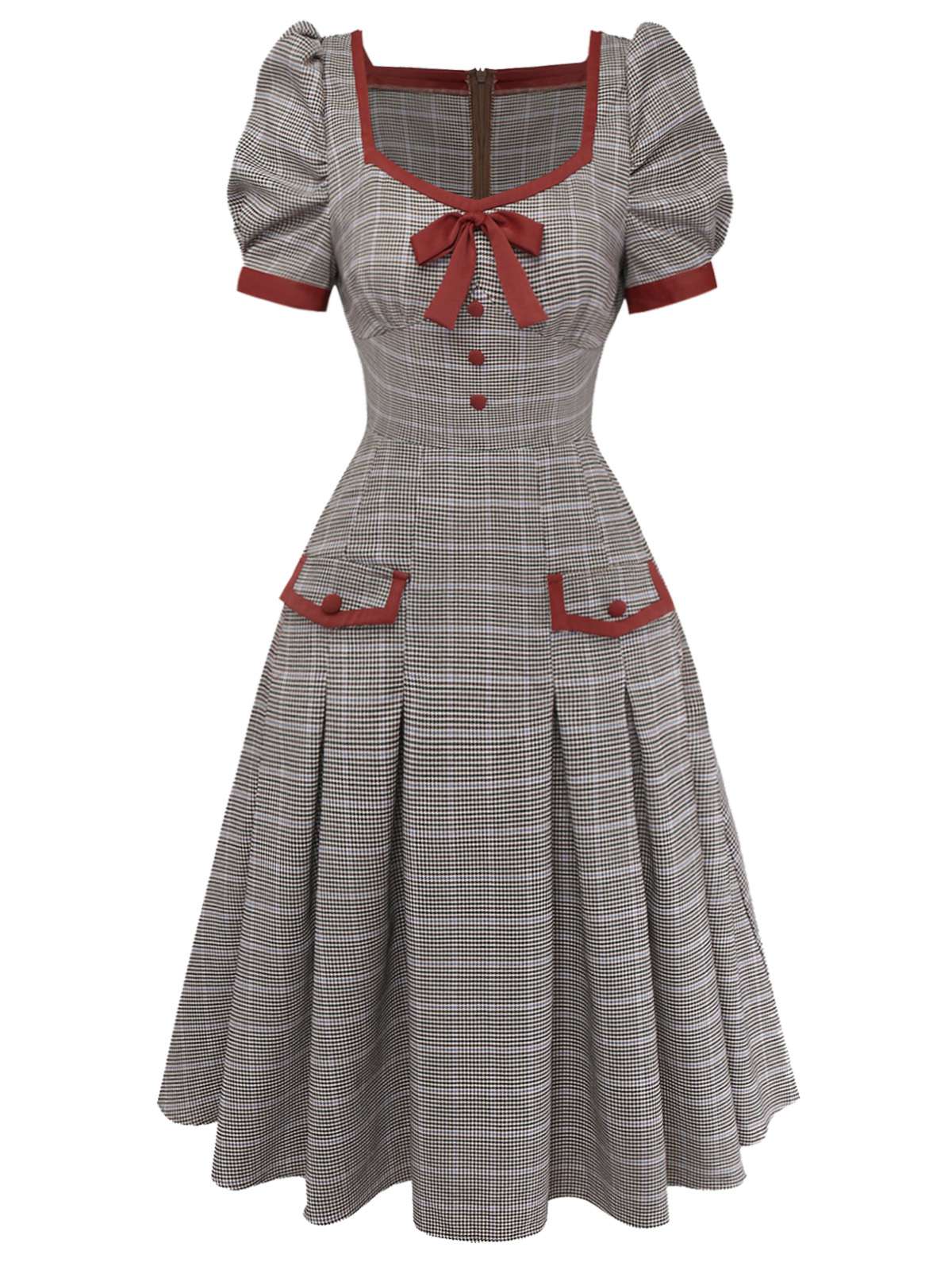 [Pre-Sale] Brown 1950s Bow Houndstooth Pleated Dress - Image 4