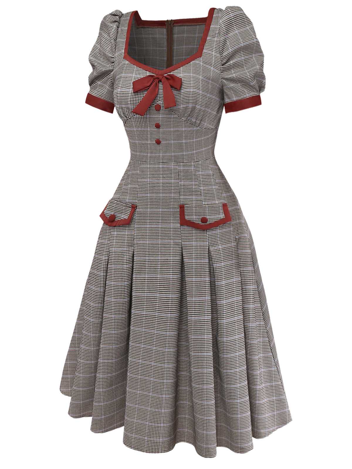 [Pre-Sale] Brown 1950s Bow Houndstooth Pleated Dress - Image 5