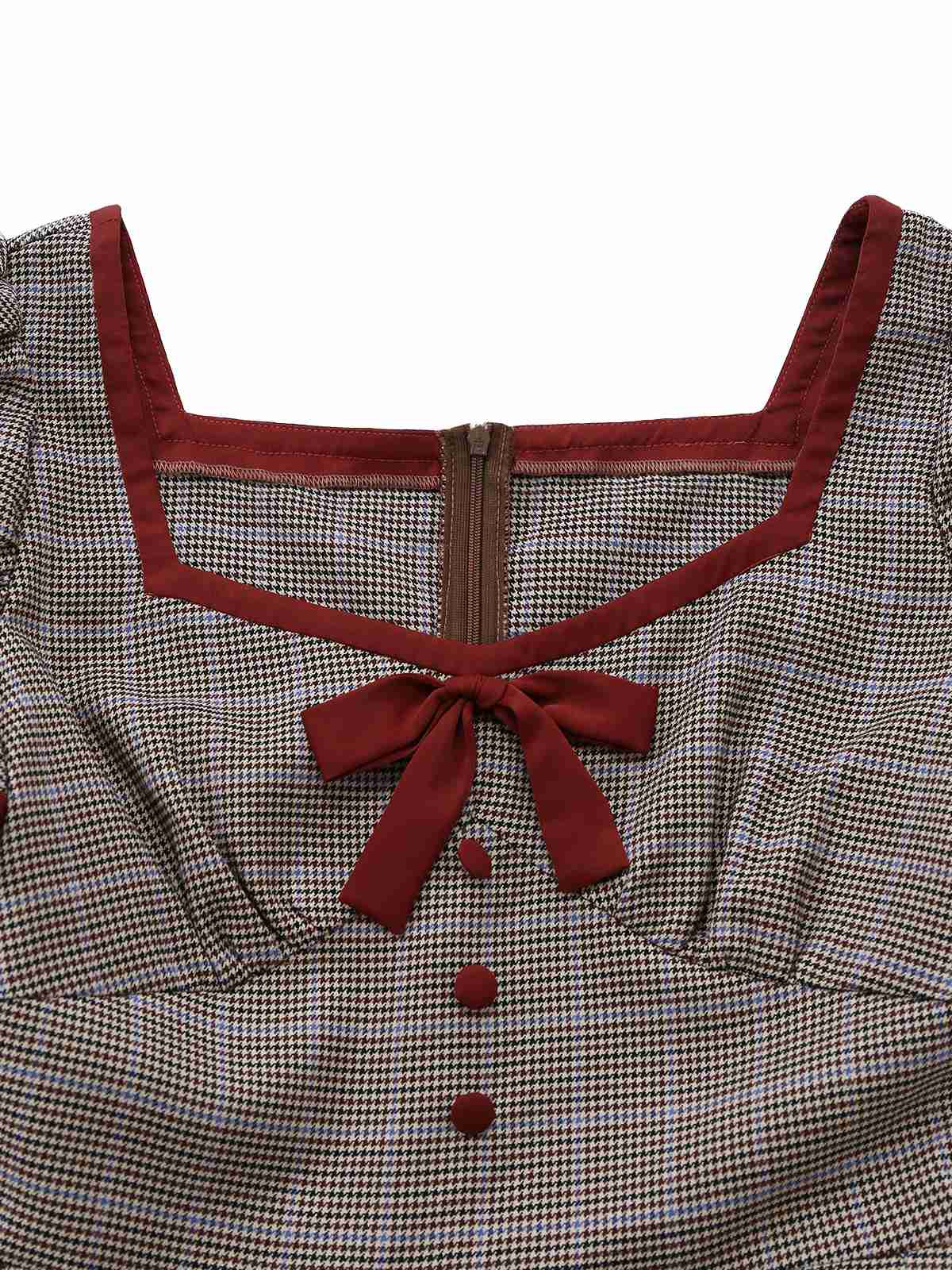 [Pre-Sale] Brown 1950s Bow Houndstooth Pleated Dress - Image 8