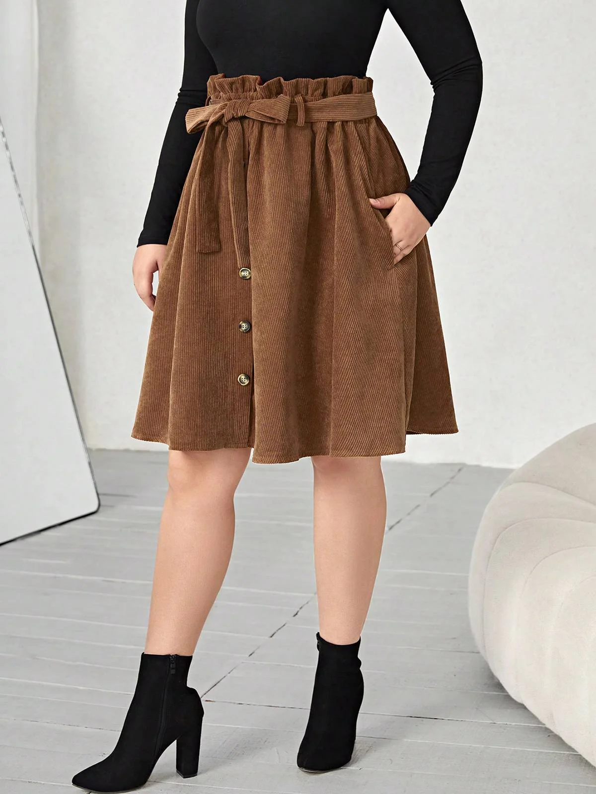 [Plus Size] Brown 1950s Corduroy Buttoned Skirt With Belt - Image 3
