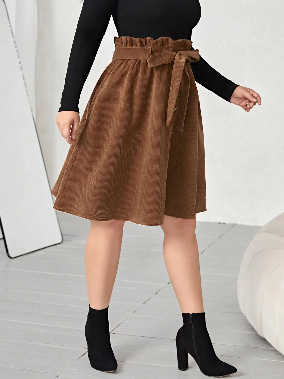 [Plus Size] Brown 1950s Corduroy Buttoned Skirt With Belt - Image 4