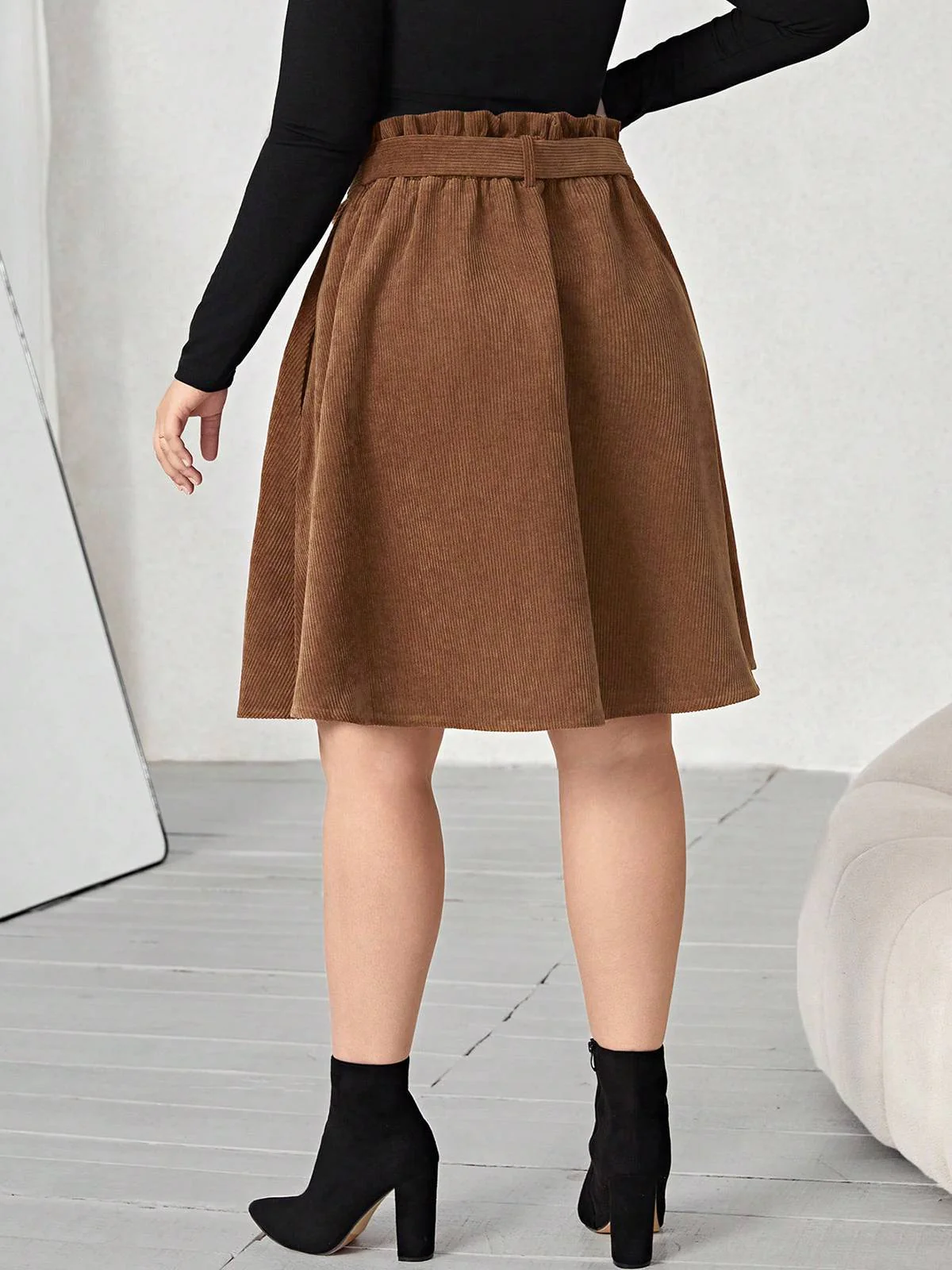 [Plus Size] Brown 1950s Corduroy Buttoned Skirt With Belt - Image 5