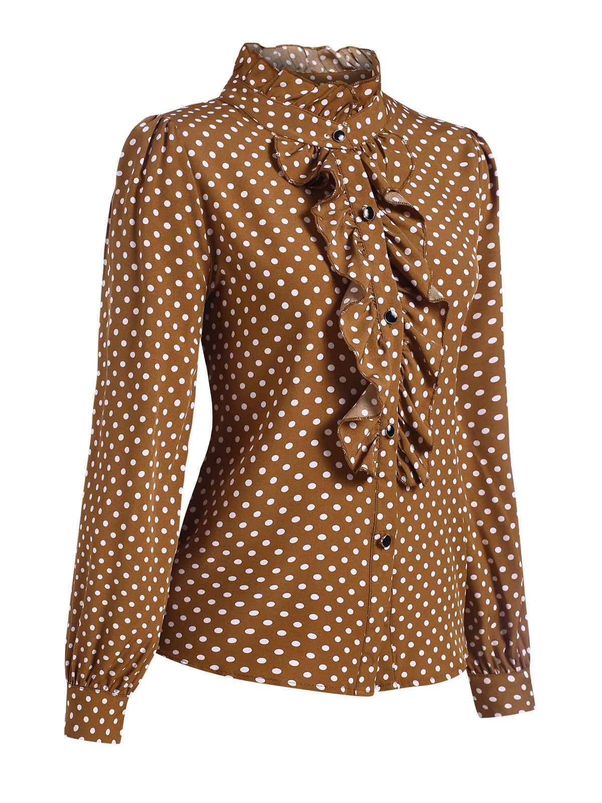 Brown 1950s Dots Ruffle Stand Collar Blouse - Image 2
