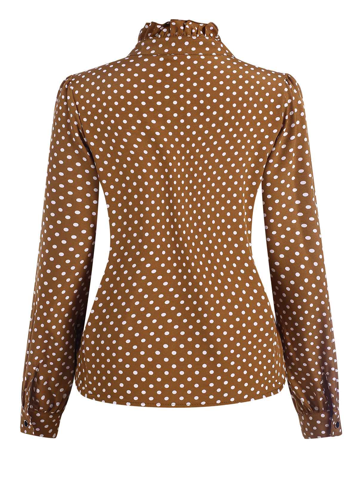 Brown 1950s Dots Ruffle Stand Collar Blouse - Image 3