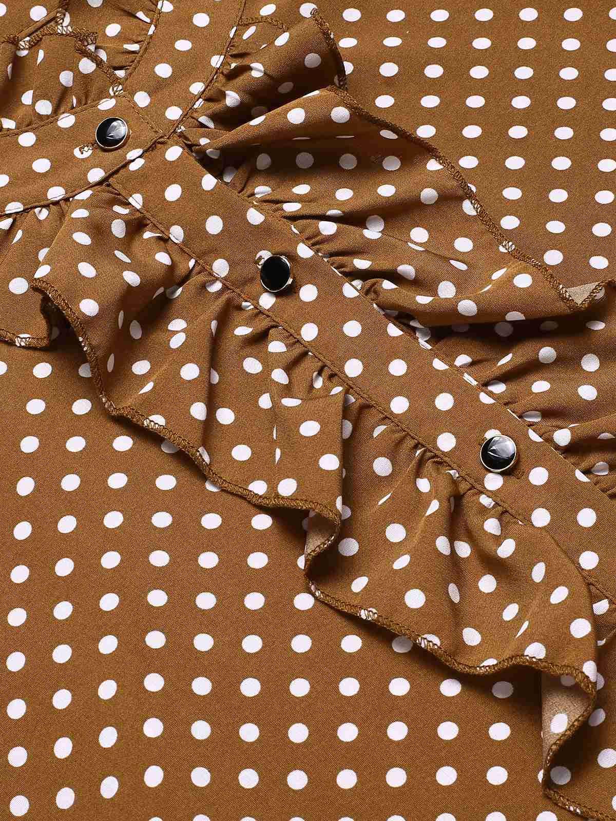 Brown 1950s Dots Ruffle Stand Collar Blouse - Image 4