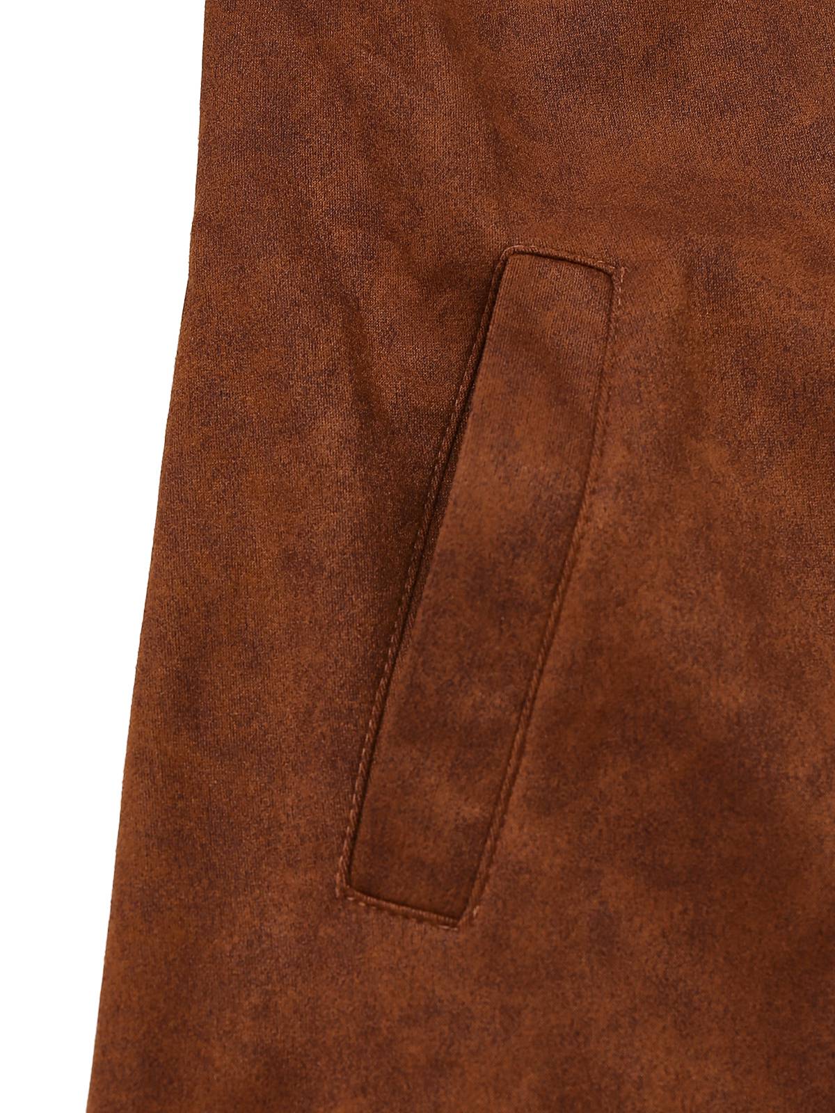 Brown 1950s Faux Suede Notched Collar Button Trench Coat - Image 5