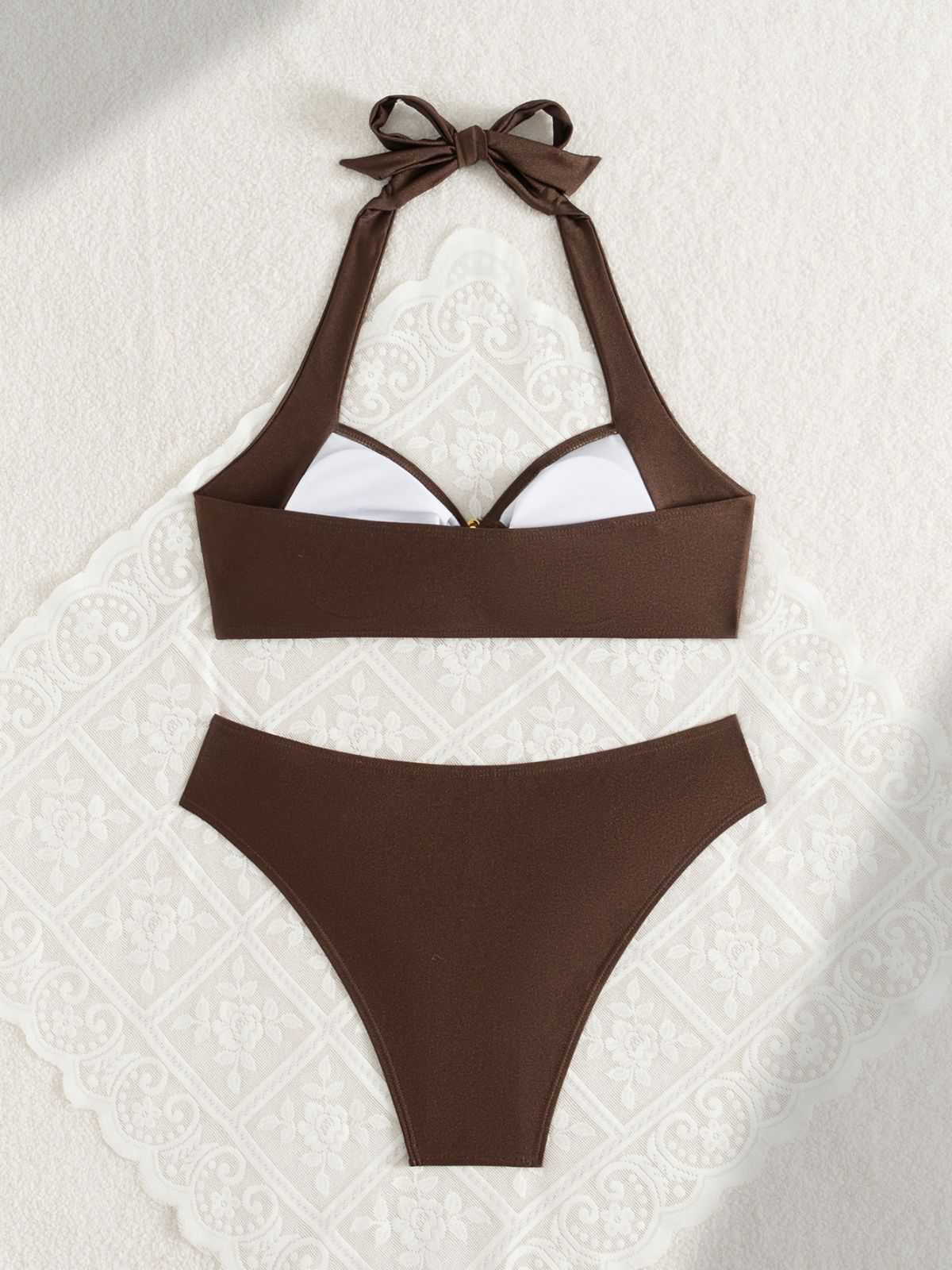 Brown 1950s Golden Ring Halter Bikini Set - Image 2