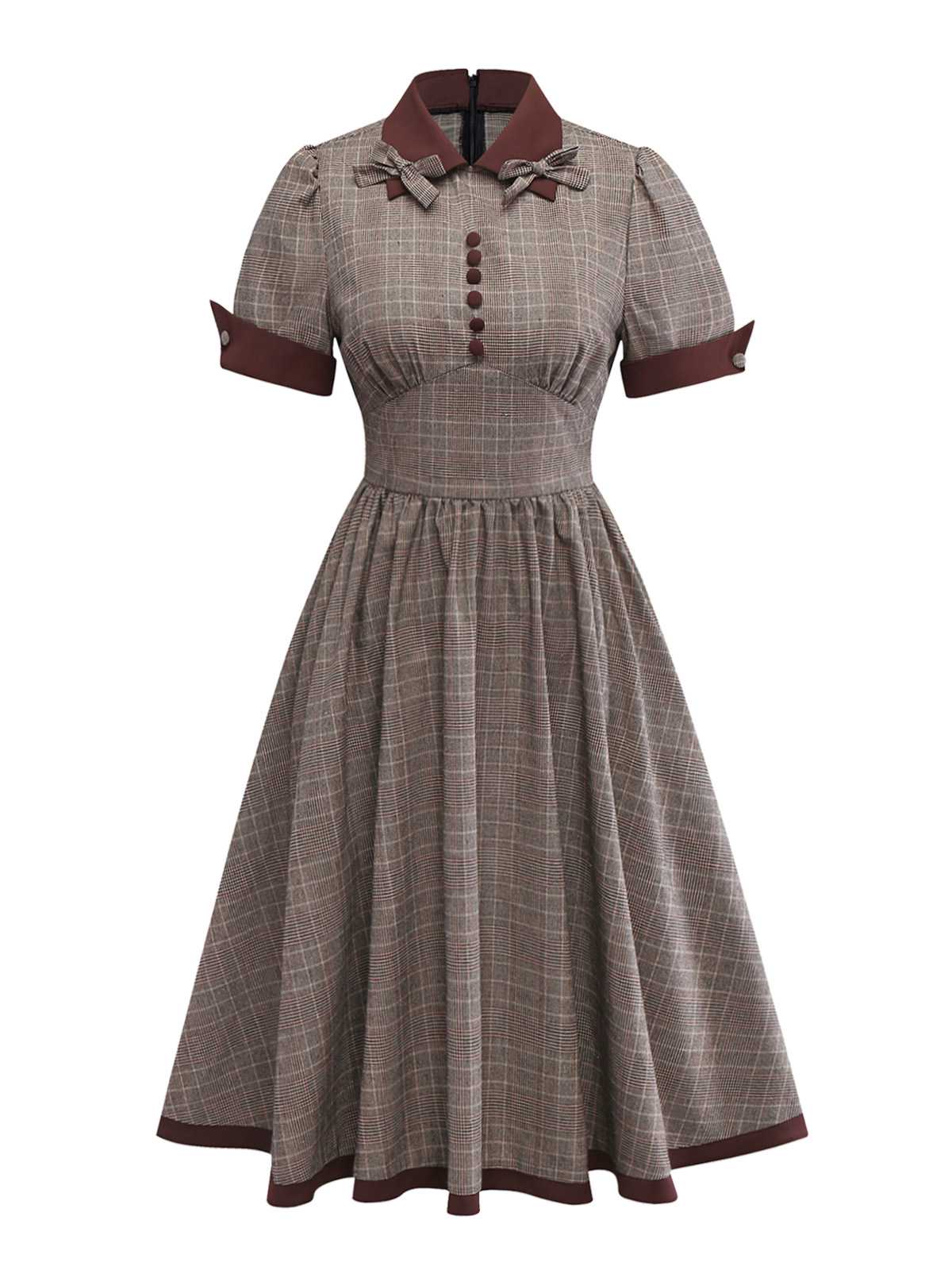 Brown 1950s Lapel Plaid Bow Dress - Image 2