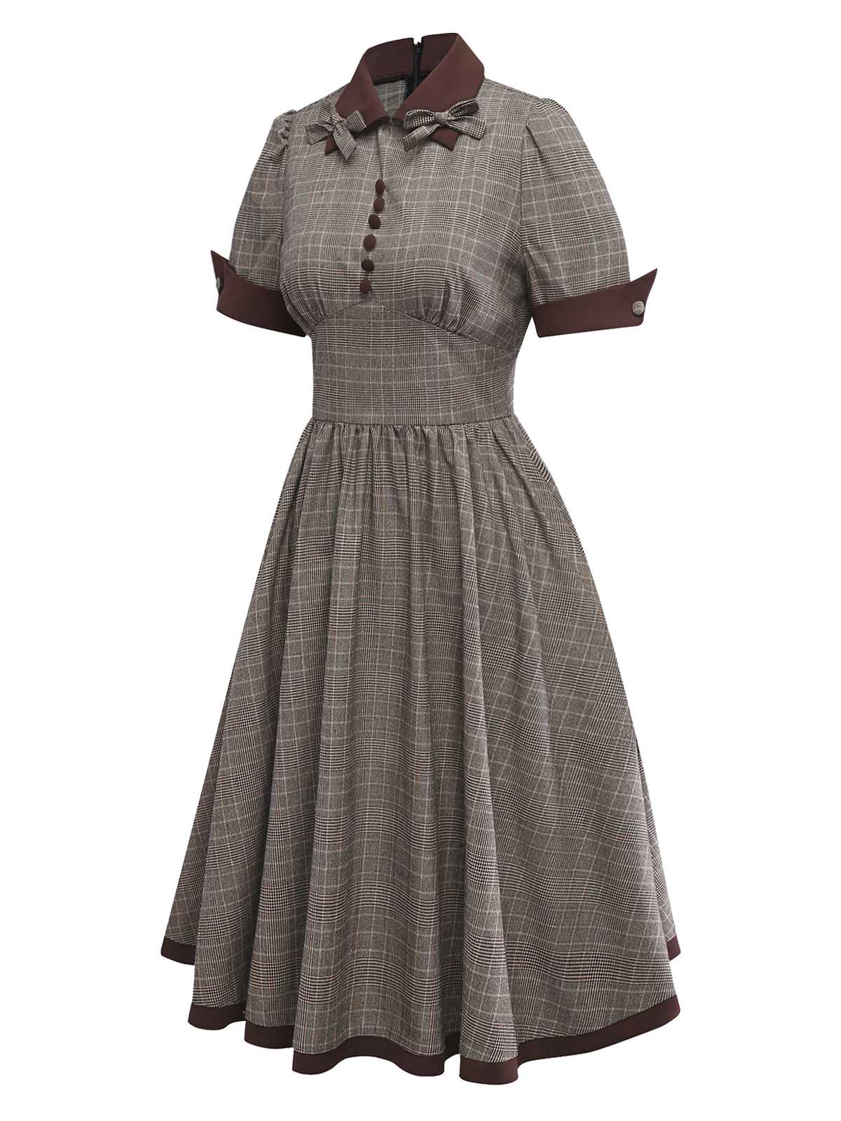 Brown 1950s Lapel Plaid Bow Dress - Image 3