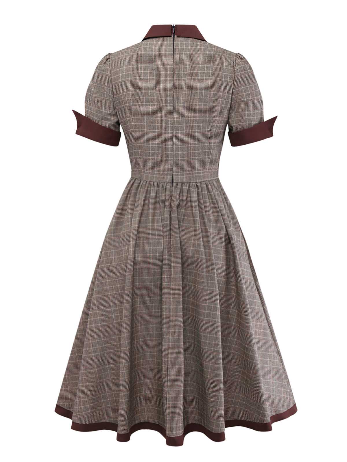 Brown 1950s Lapel Plaid Bow Dress - Image 4