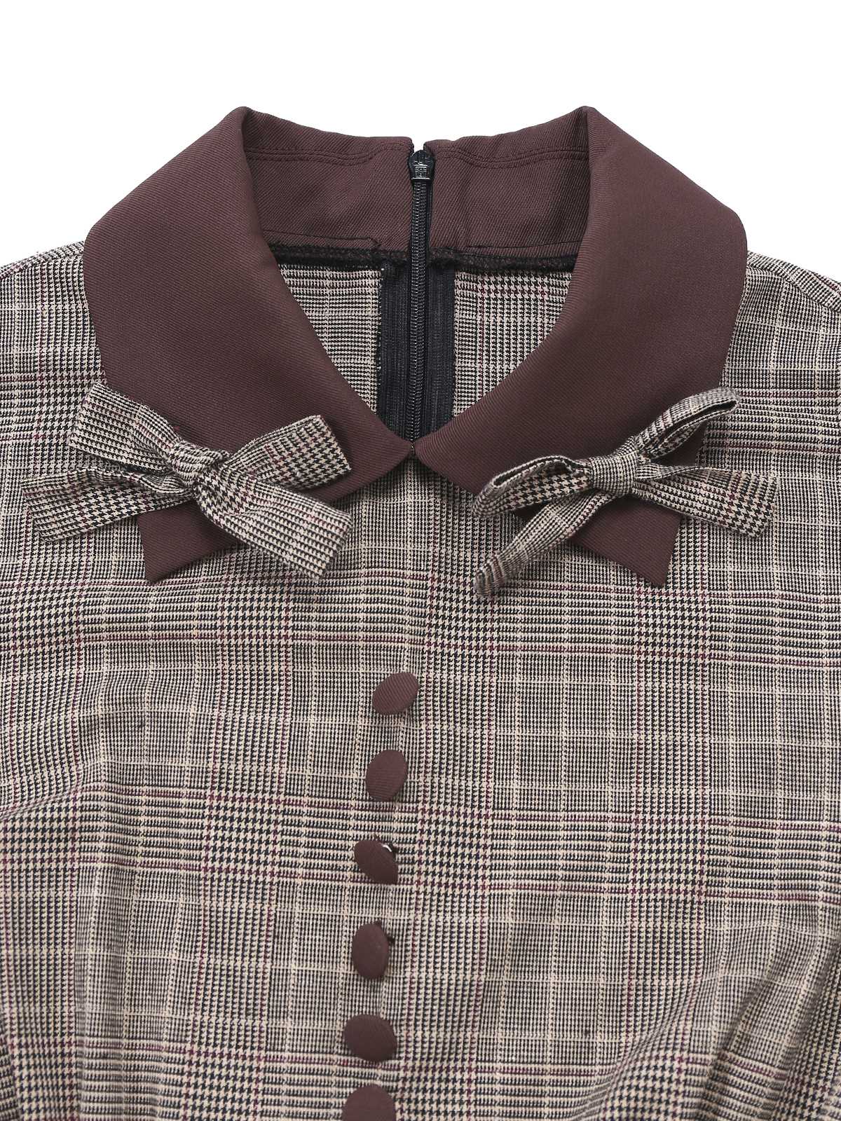 Brown 1950s Lapel Plaid Bow Dress - Image 5