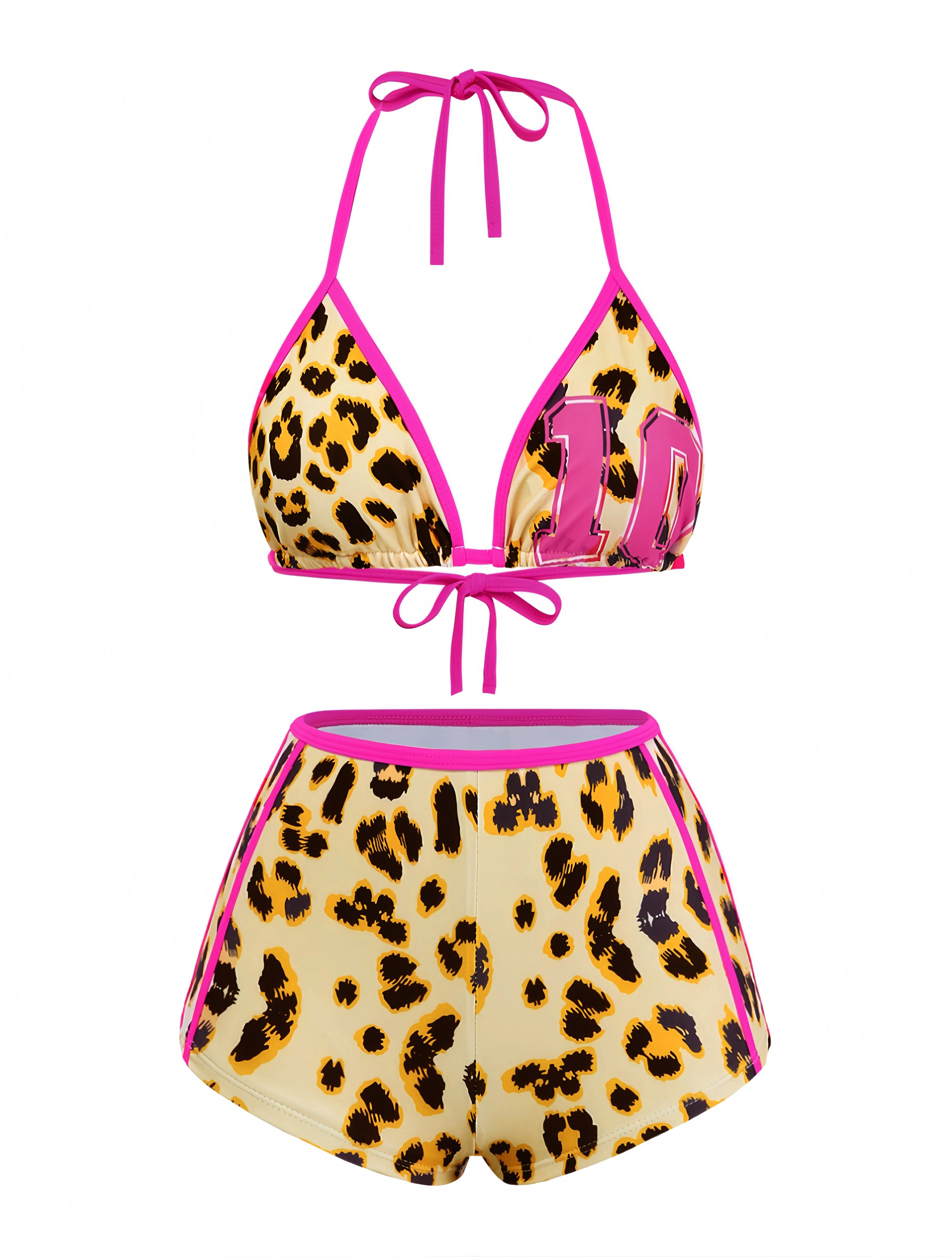 Brown 1950s Leopard Halter Colorblock Tankini Set - Image 2