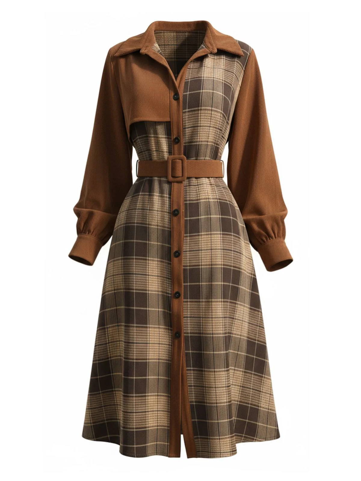 Brown 1950s Plaid Corduroy Shirt Collar Dress - Image 2