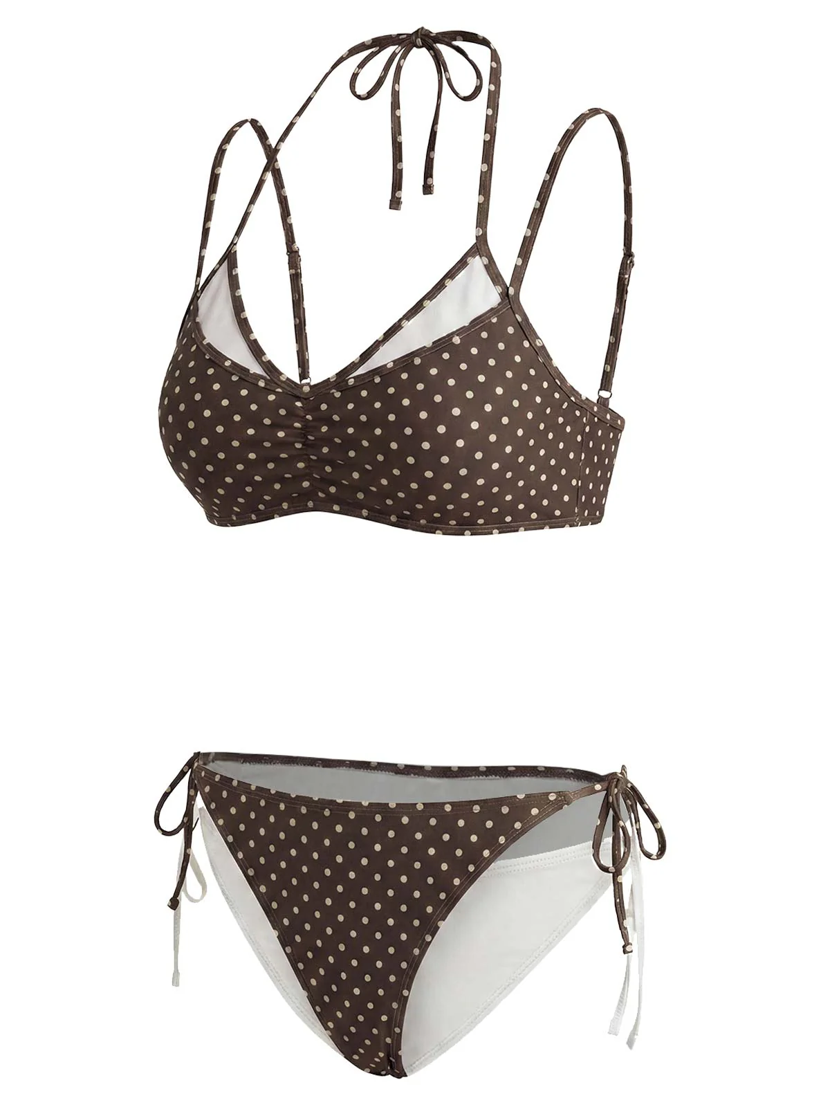 [Pre-Sale] Brown 1950s Polka Dot Halter Bikini Set - Image 4