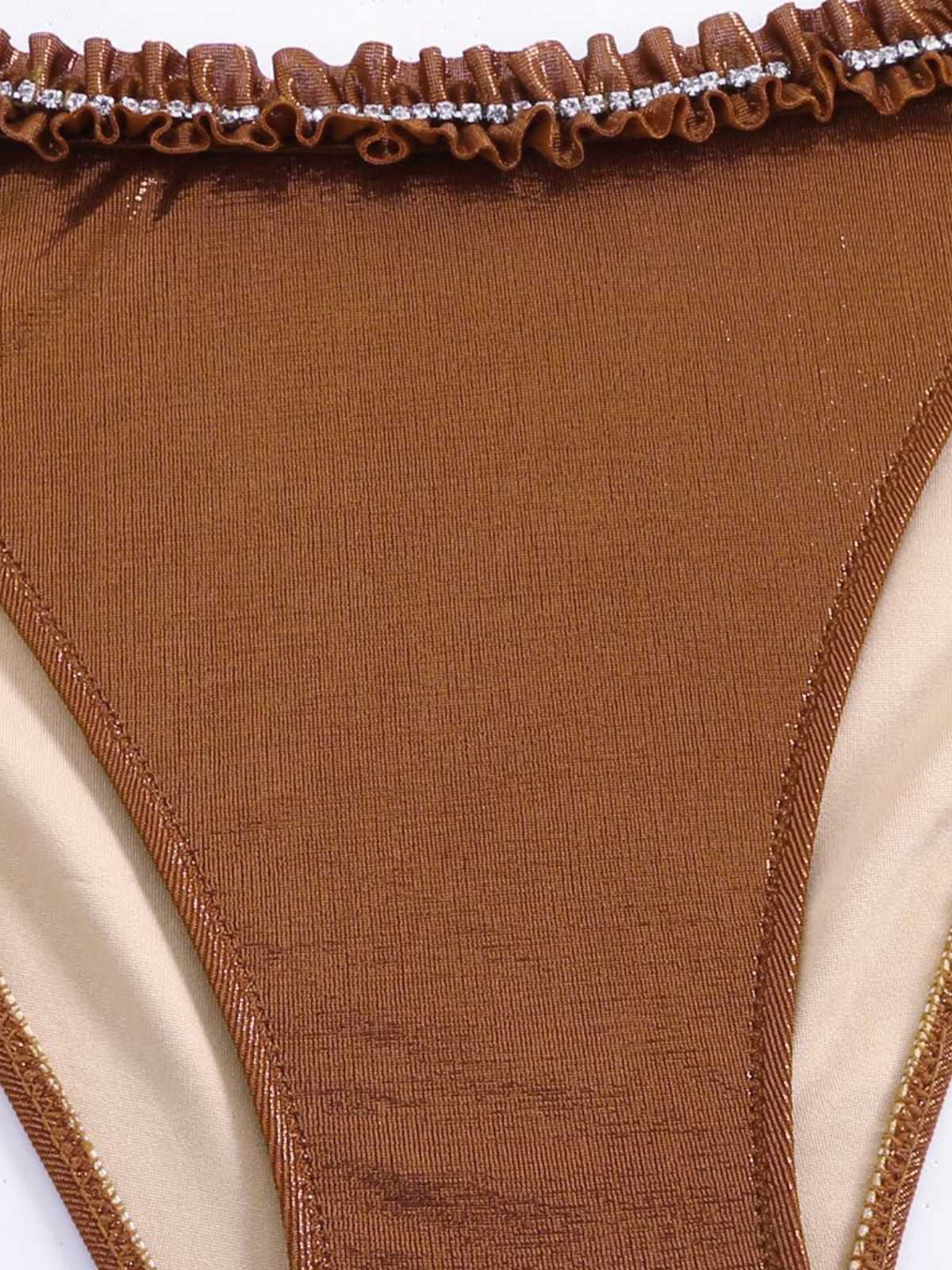 Brown 1950s Shiny Rhinestones Headed Ruffle Bikini Set - Image 4
