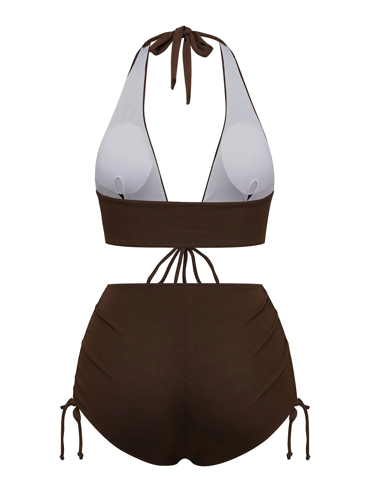Brown 1950s Solid Deep V-Neck Halter Bikini Set - Image 2