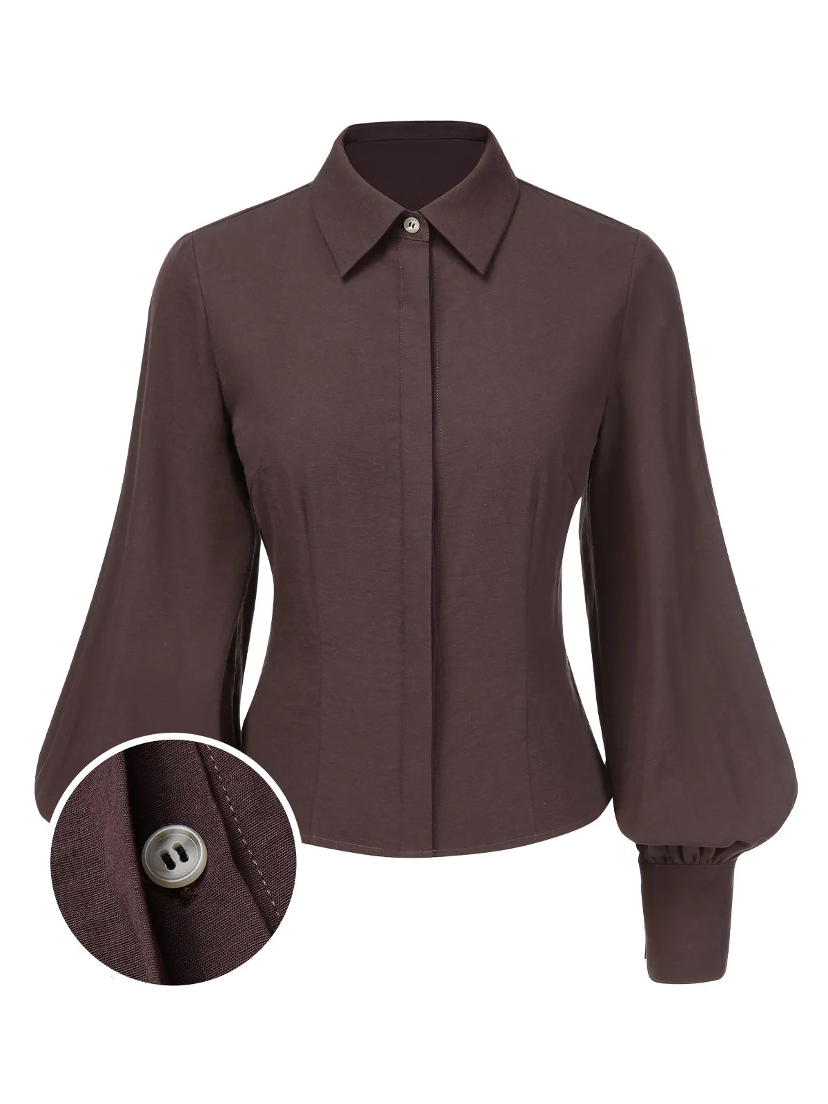 Brown 1950s Solid Lantern Sleeve Lapel Blouse - Image 3
