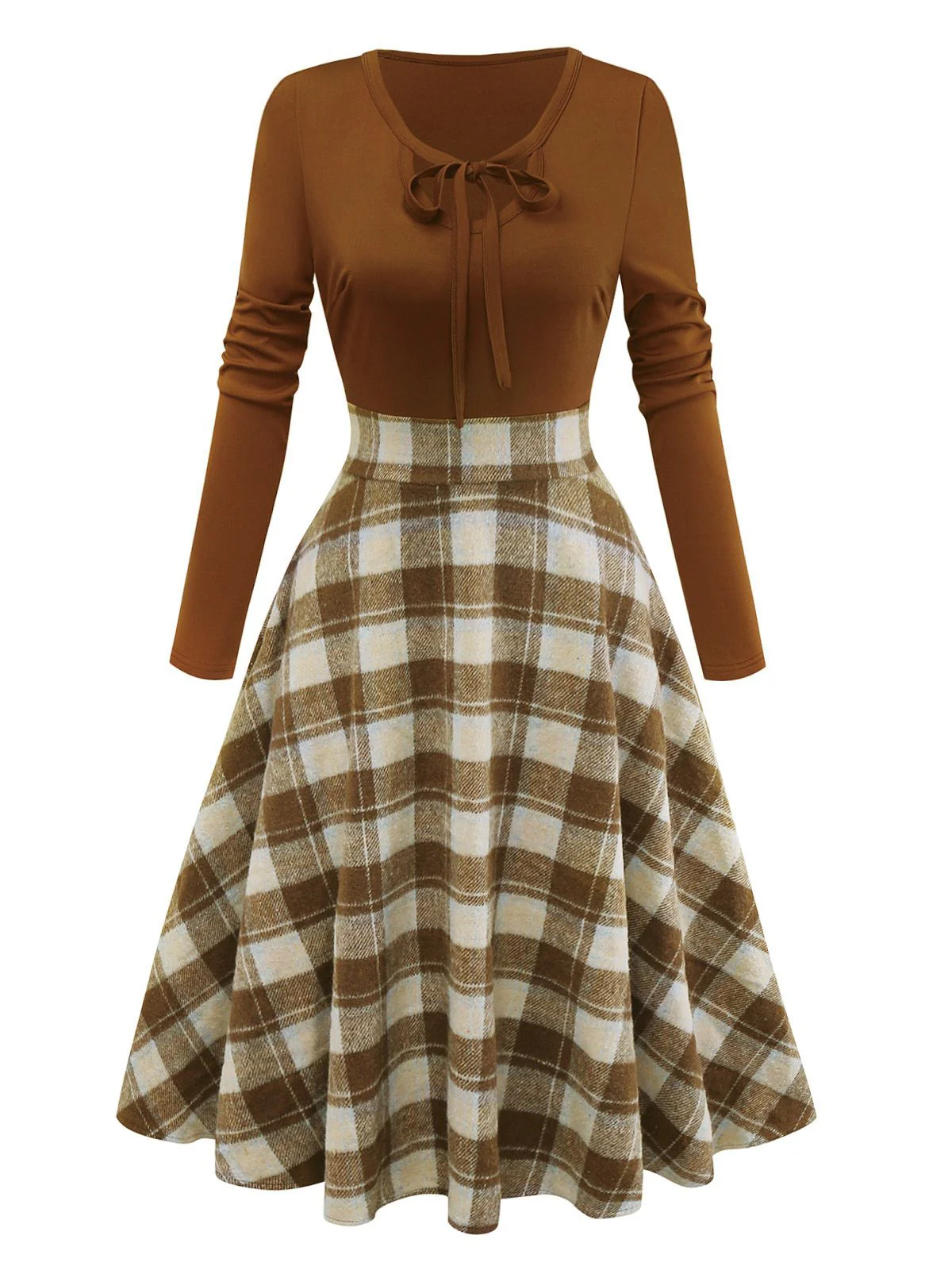 Brown 1950s Tie-Neck Knit Plaid Dress - Image 3