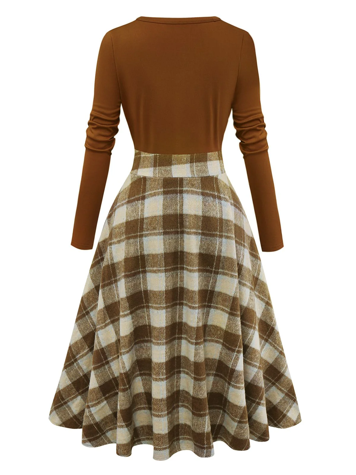 Brown 1950s Tie-Neck Knit Plaid Dress - Image 4