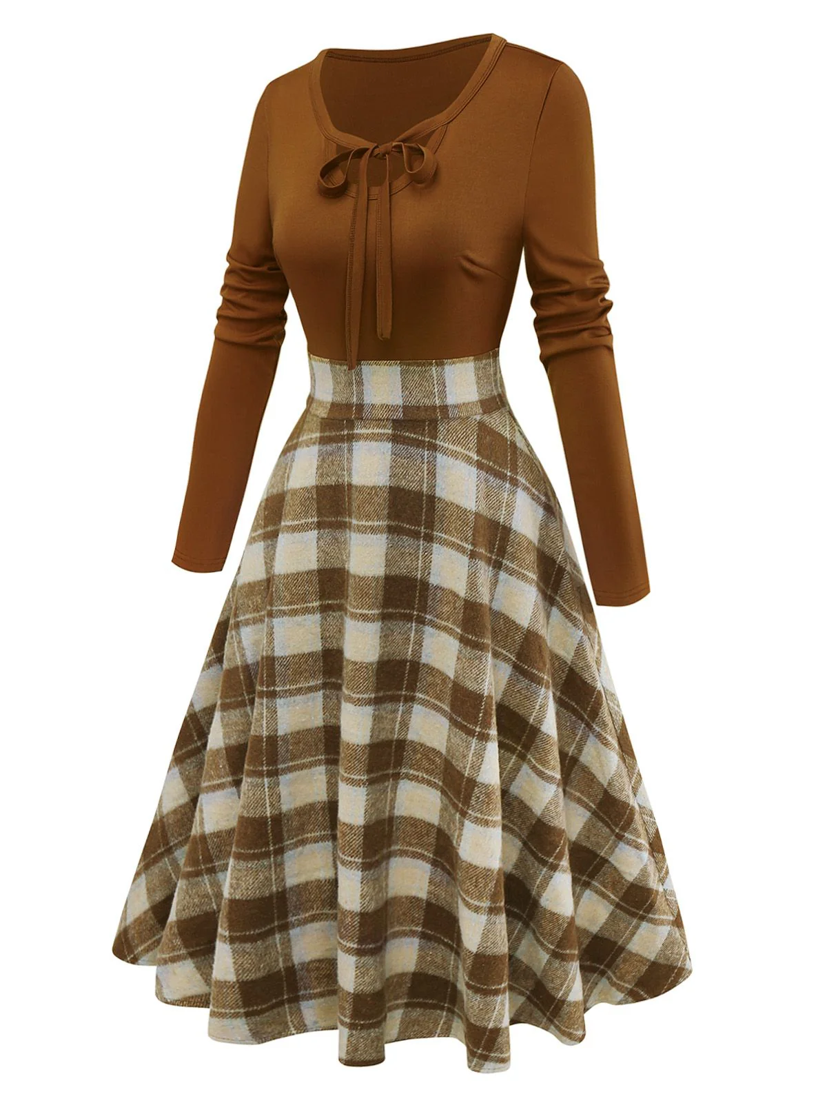 Brown 1950s Tie-Neck Knit Plaid Dress - Image 5