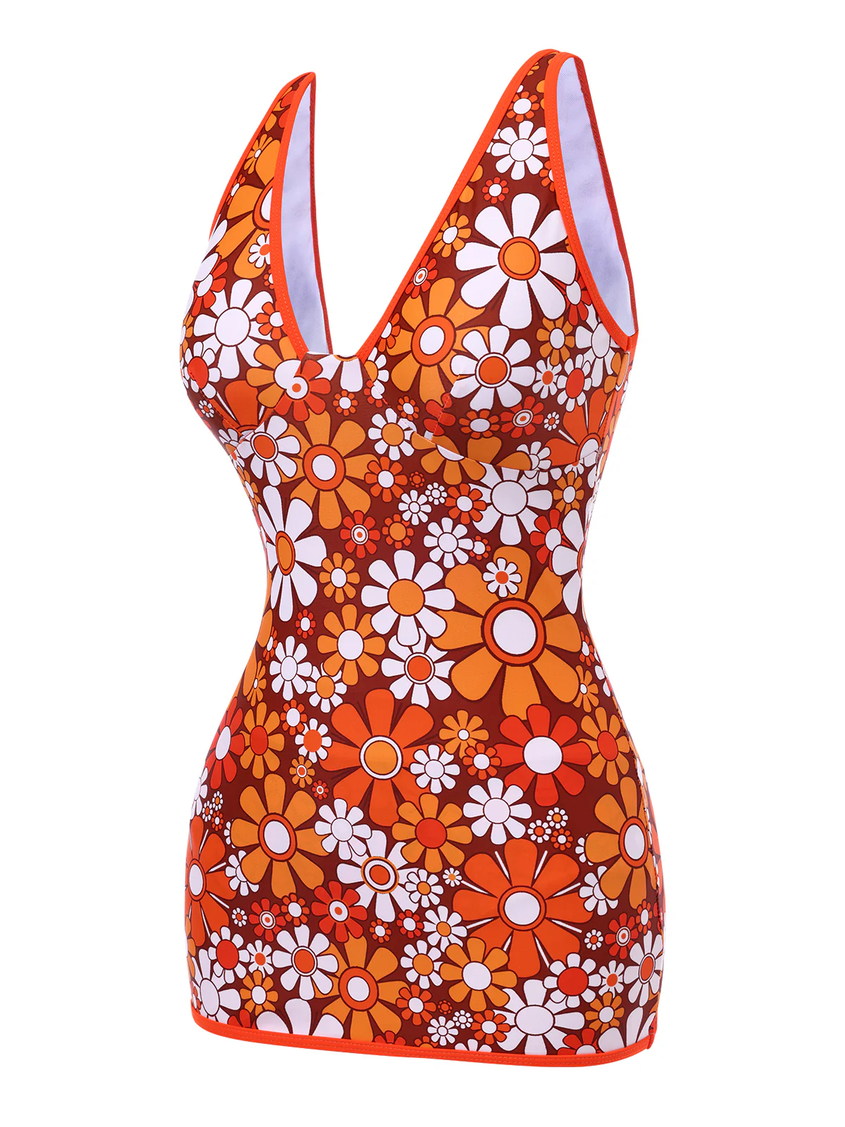 Brown 1960s Bohemian Psychedelic Floral One-Piece Swimsuit - Image 3