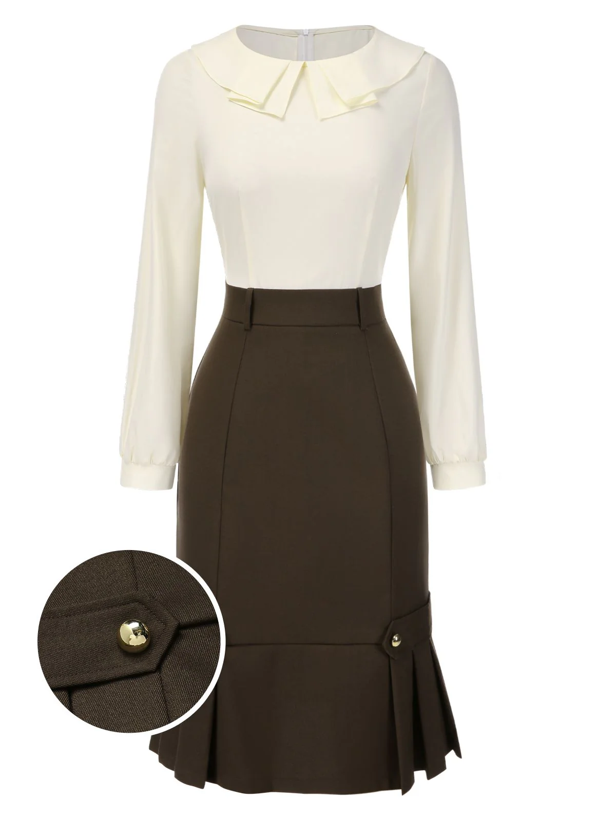 Brown 1960s Contrast Collar Long Sleeve Pencil Dress - Image 2