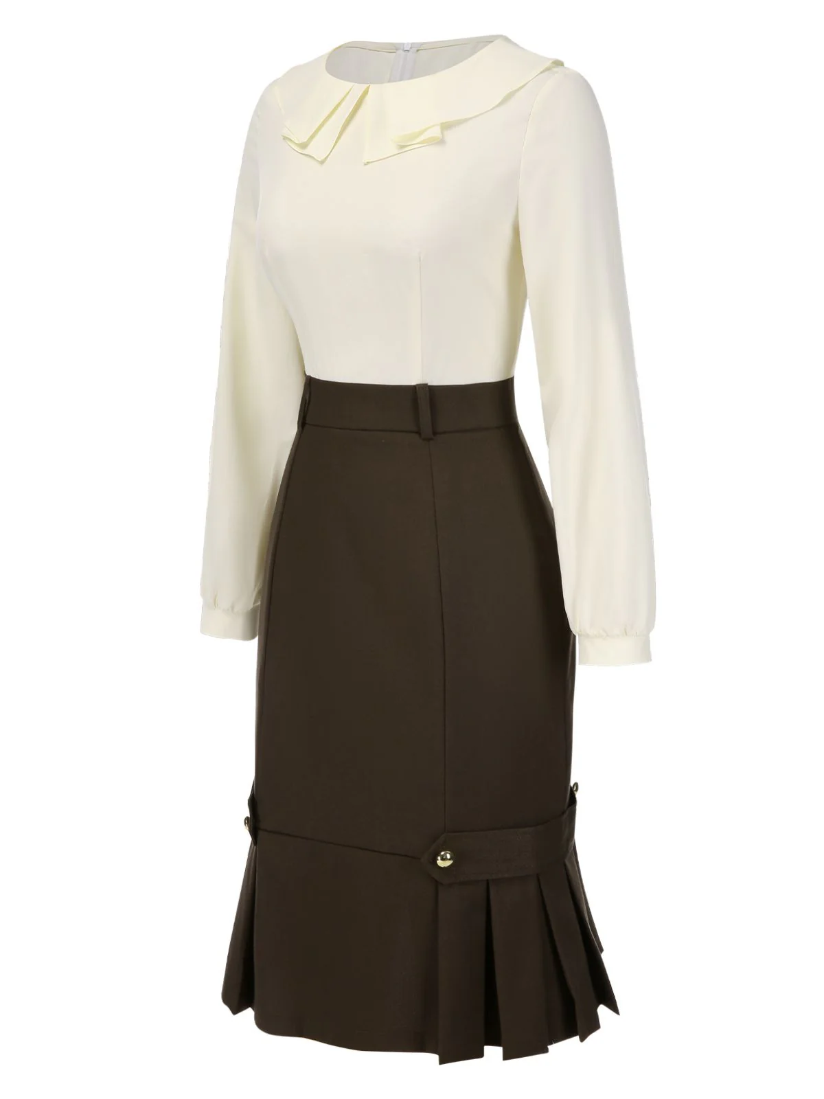 Brown 1960s Contrast Collar Long Sleeve Pencil Dress - Image 3