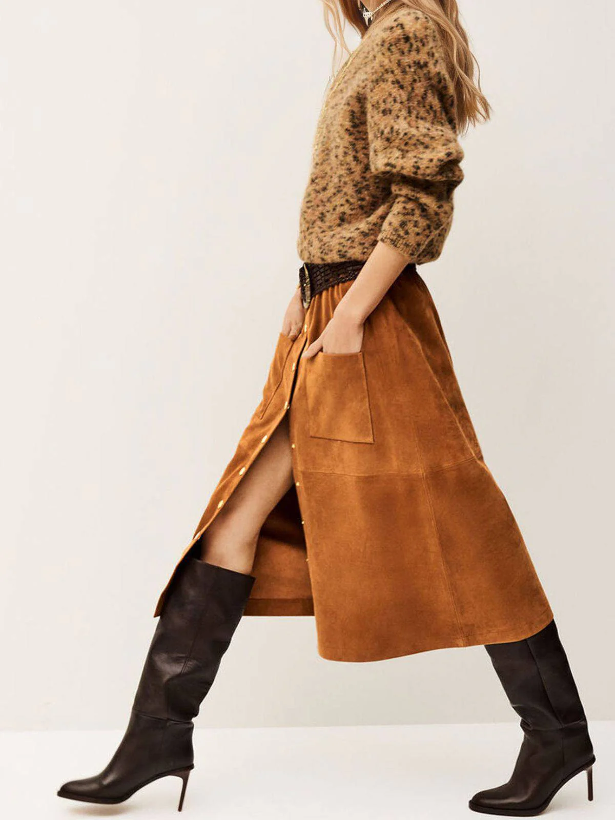 Brown 1960s Corduroy Button Front Pocket Midi Skirt - Image 4