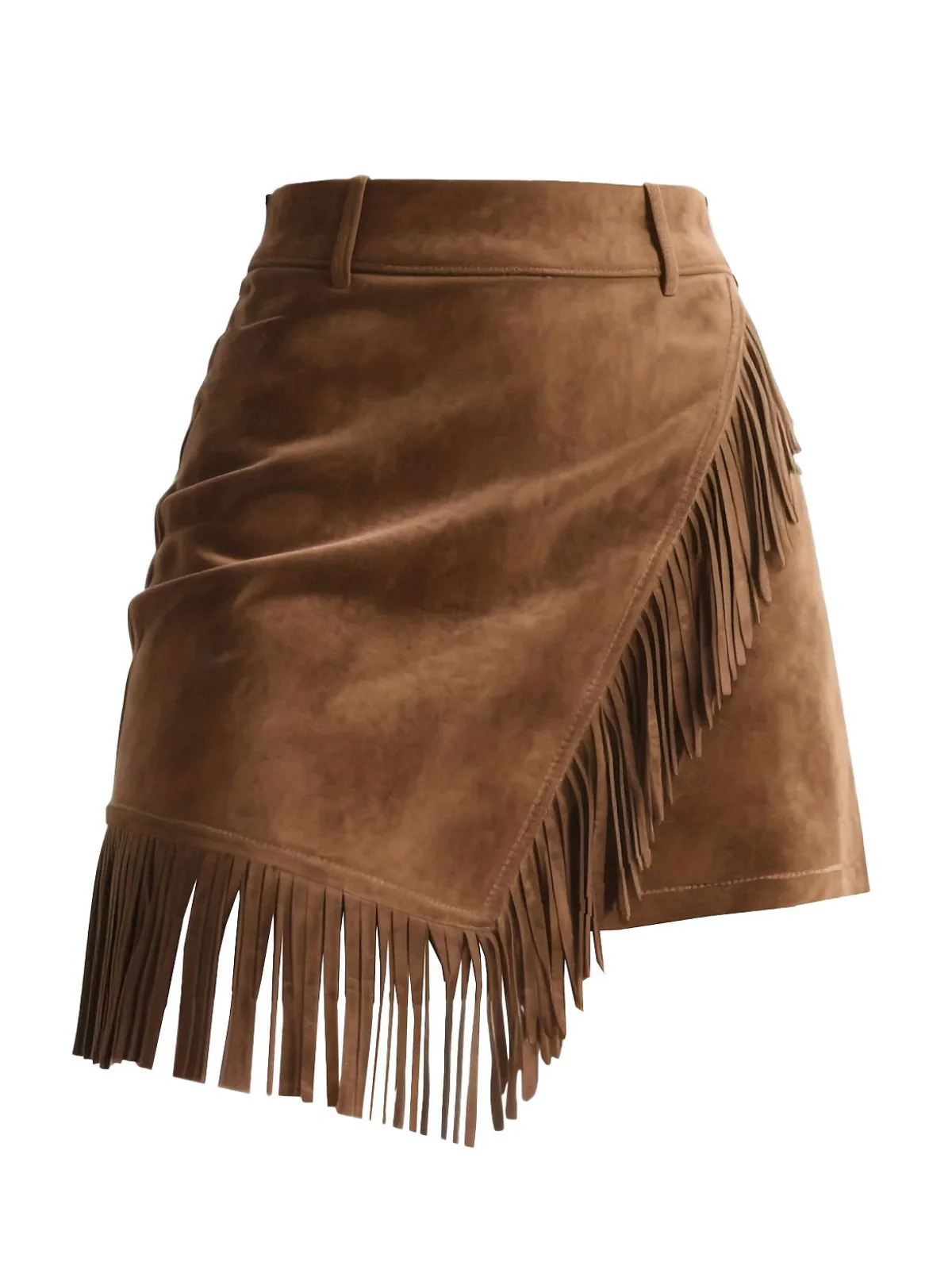 Brown 1960s Faux Suede Fringe Asymmetrical Hem Skirt - Image 2