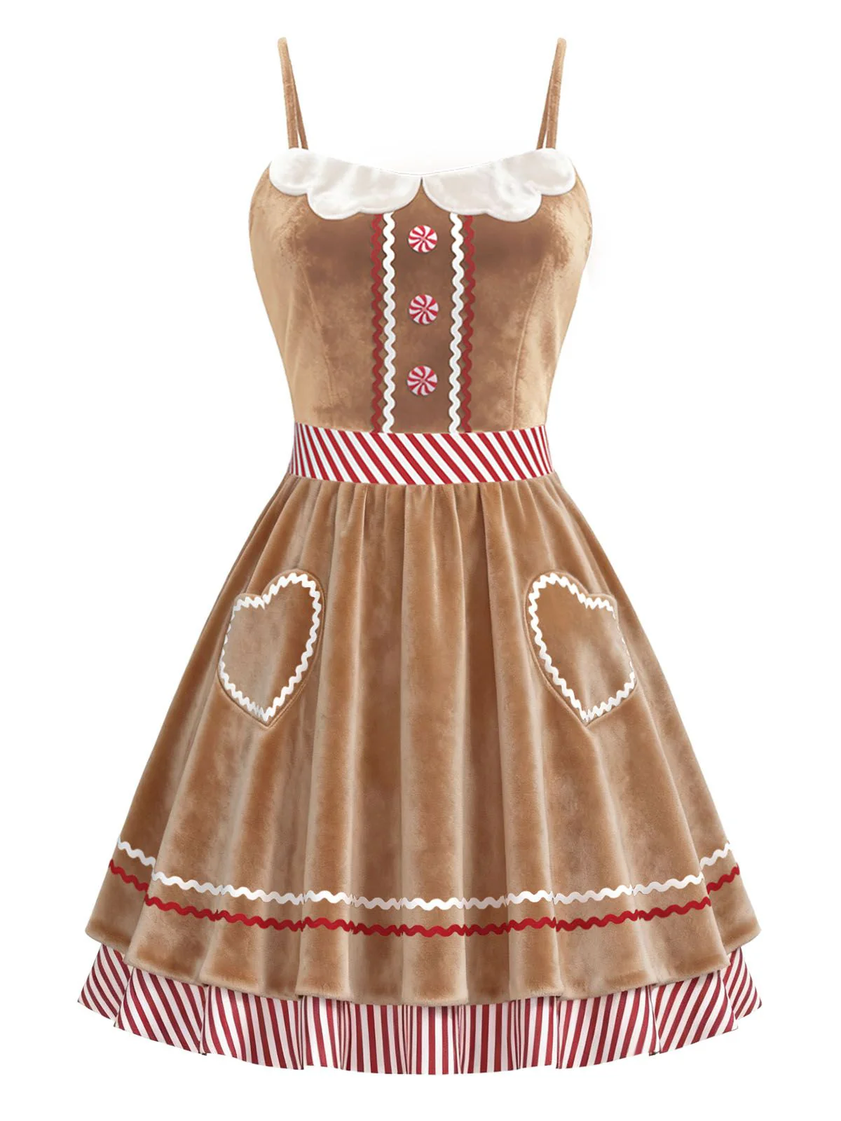 Brown 1960s Gingerbread Heart Stripe Velvet Strap Dress - Image 2