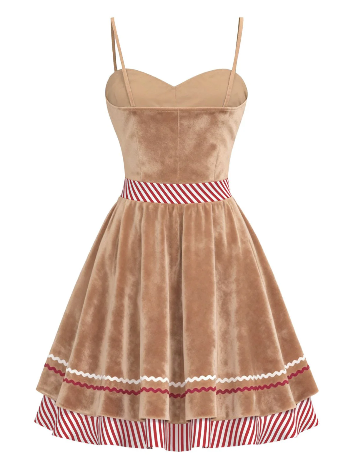 Brown 1960s Gingerbread Heart Stripe Velvet Strap Dress - Image 3