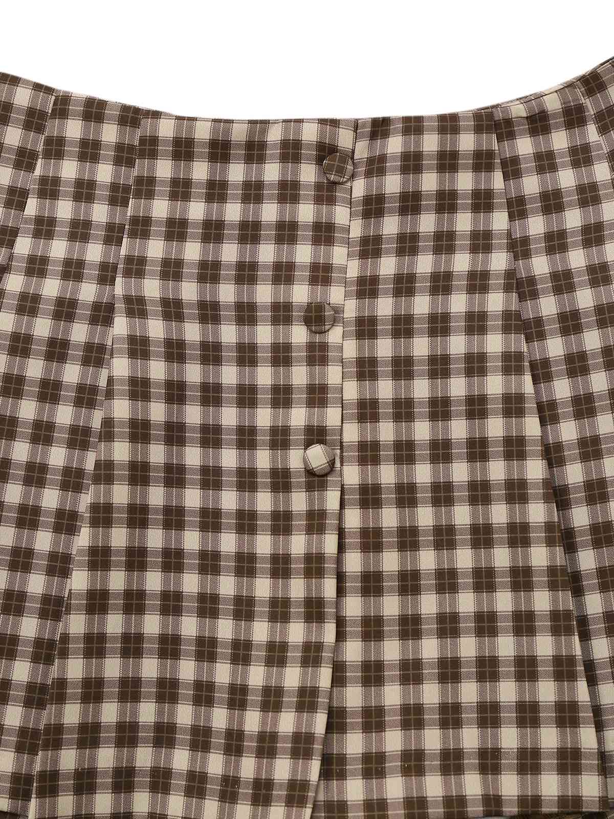 Brown 1960s Gingham Plaid Pleated Skirt - Image 3