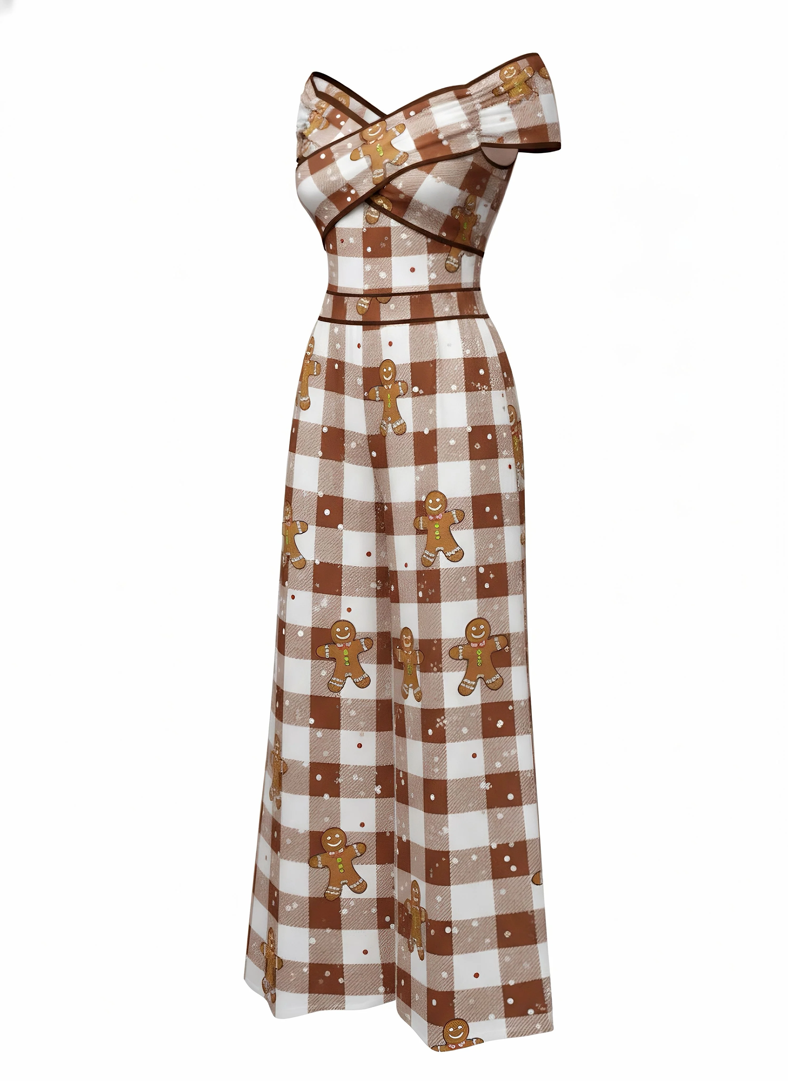 Brown 1960s Off-Shoulder Gingerbread Jumpsuit - Image 3