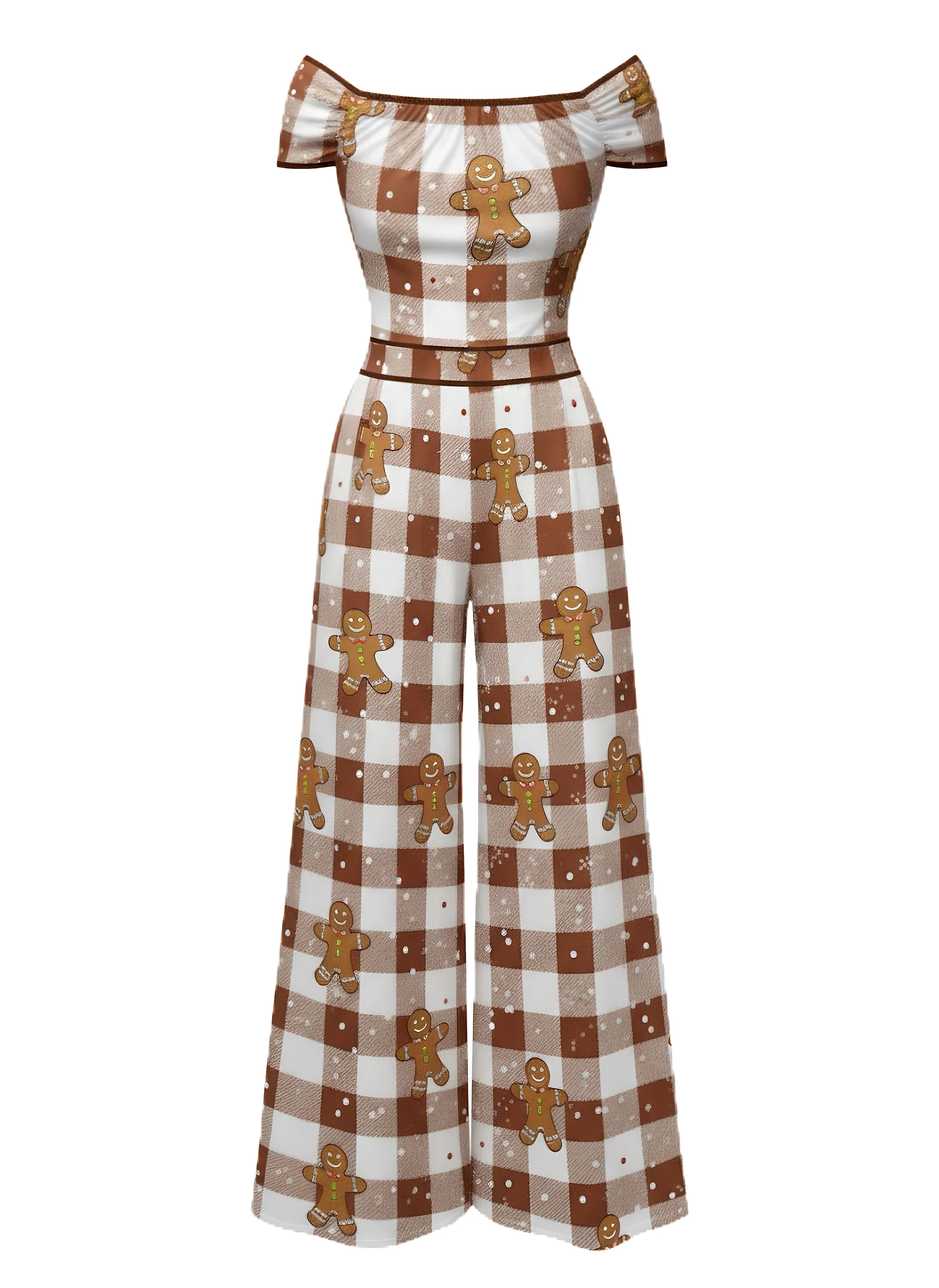 Brown 1960s Off-Shoulder Gingerbread Jumpsuit - Image 4