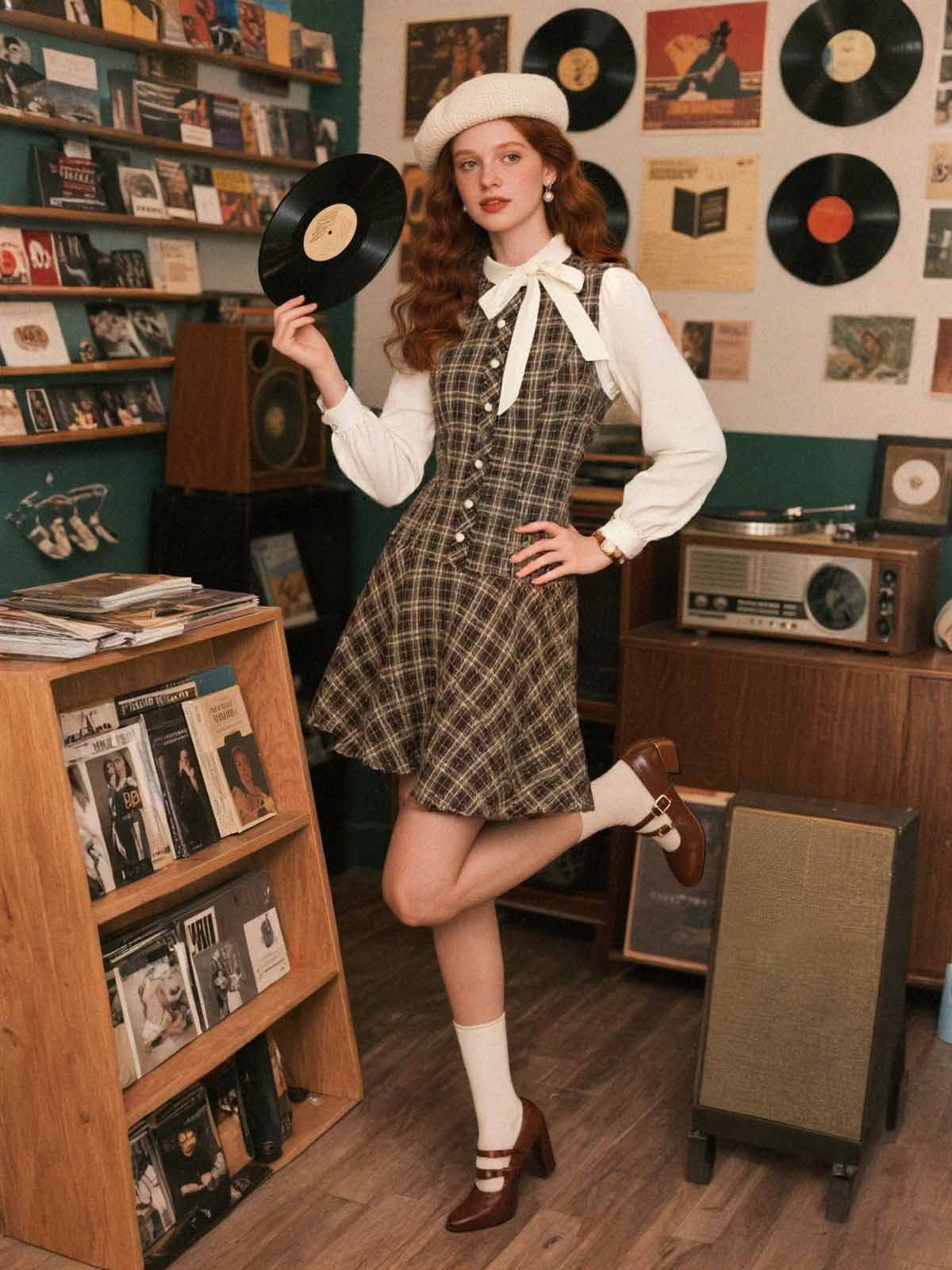 Brown 1960s Plaid Bow Tie Button Swing Dress - Image 3