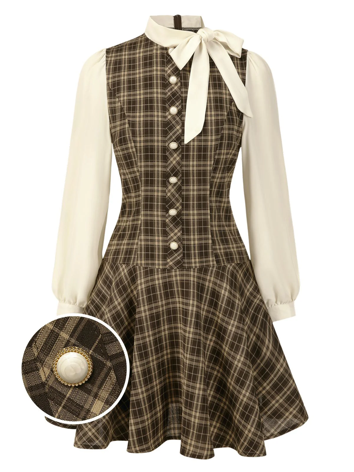 Brown 1960s Plaid Bow Tie Button Swing Dress - Image 2