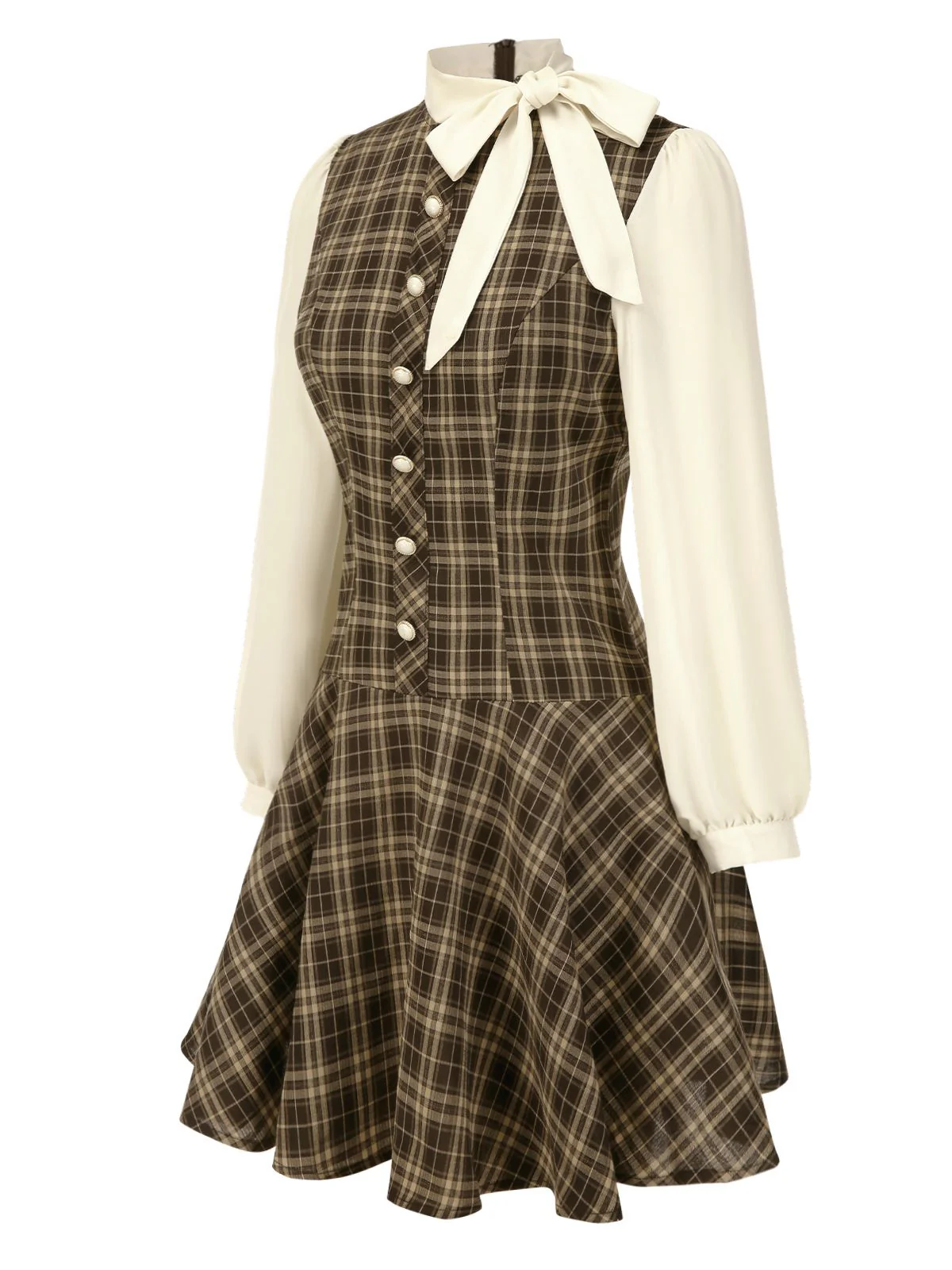 Brown 1960s Plaid Bow Tie Button Swing Dress - Image 4