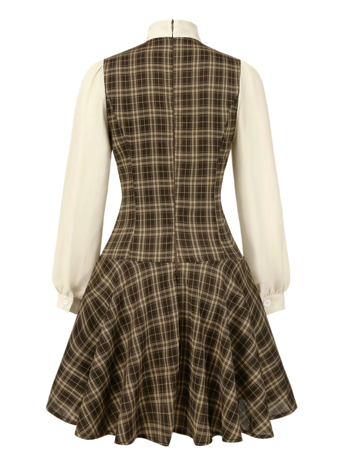 Brown 1960s Plaid Bow Tie Button Swing Dress - Image 5