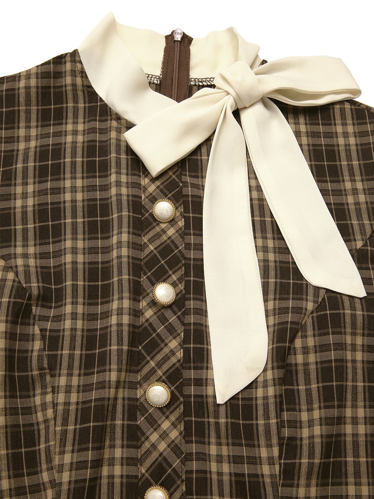 Brown 1960s Plaid Bow Tie Button Swing Dress - Image 6