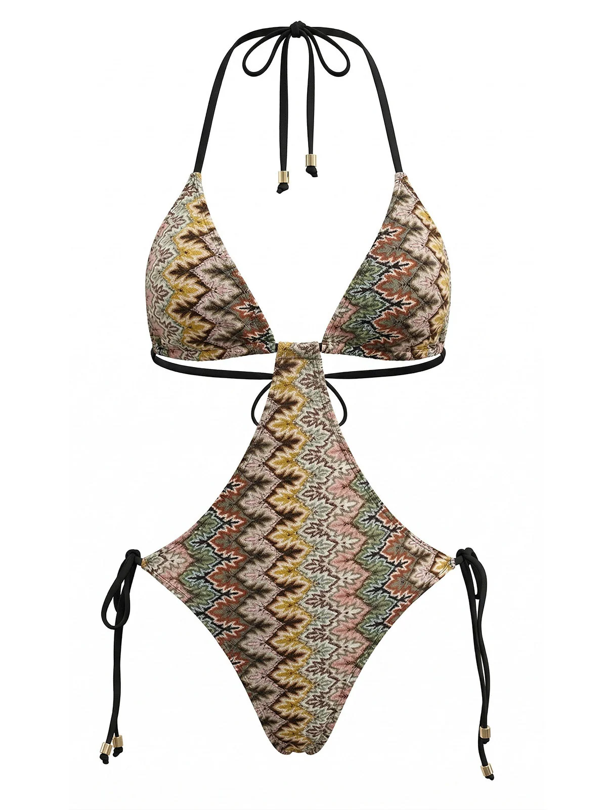 Brown 1970s Boho Chevron Print Ruched One-Piece Swimsuit - Image 2