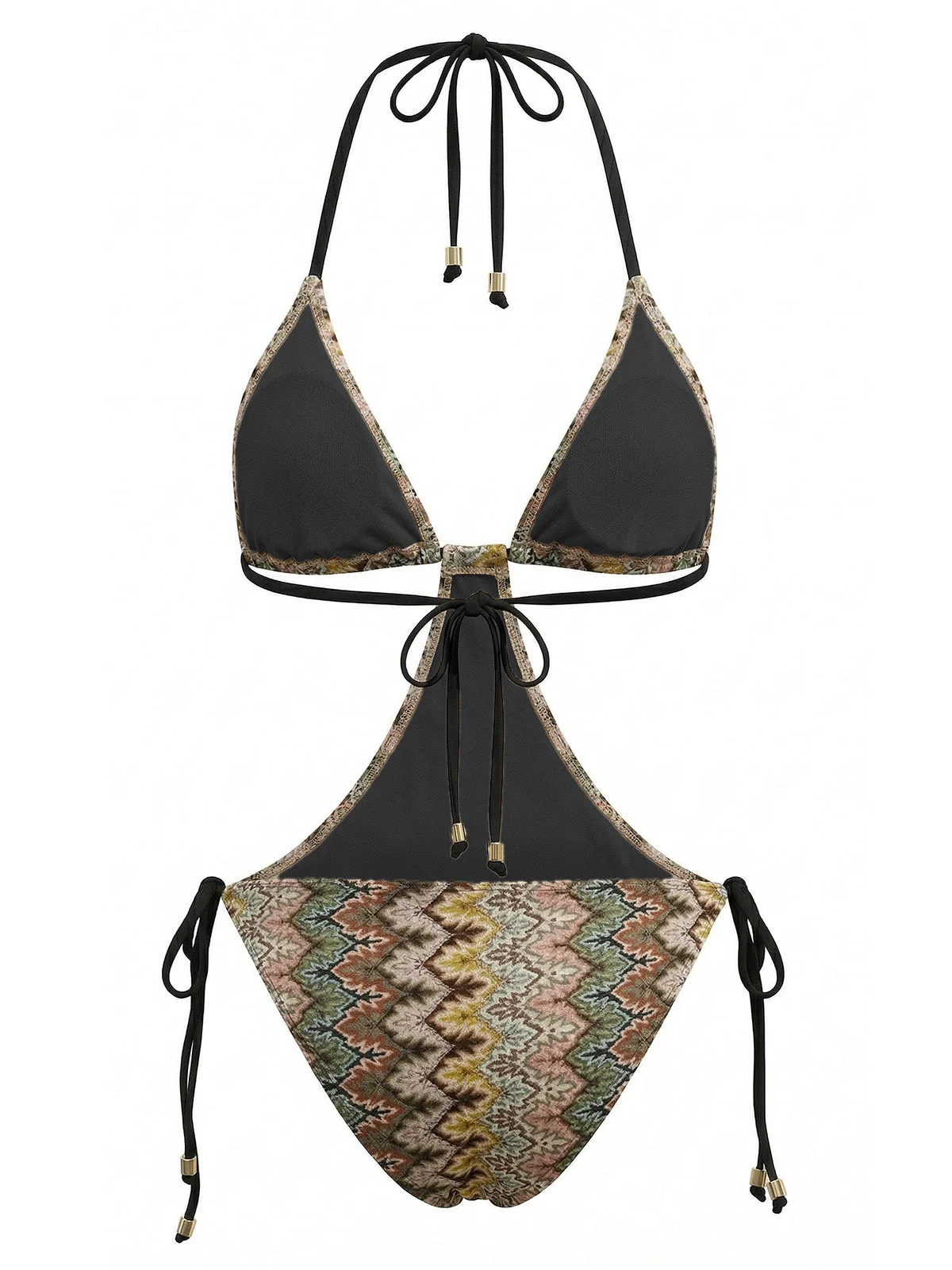 Brown 1970s Boho Chevron Print Ruched One-Piece Swimsuit - Image 3