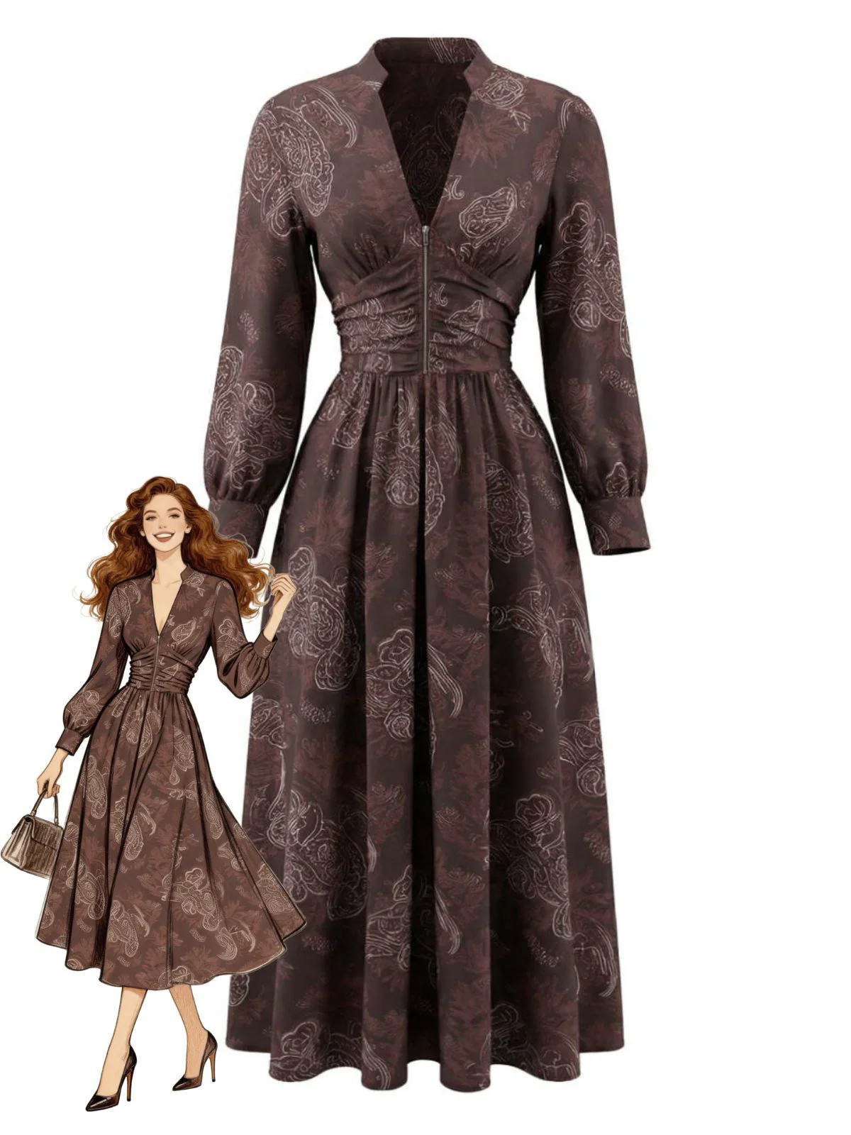 Brown 1970s Boho Paisley Stand V-Neck Smocked Dress - Image 2
